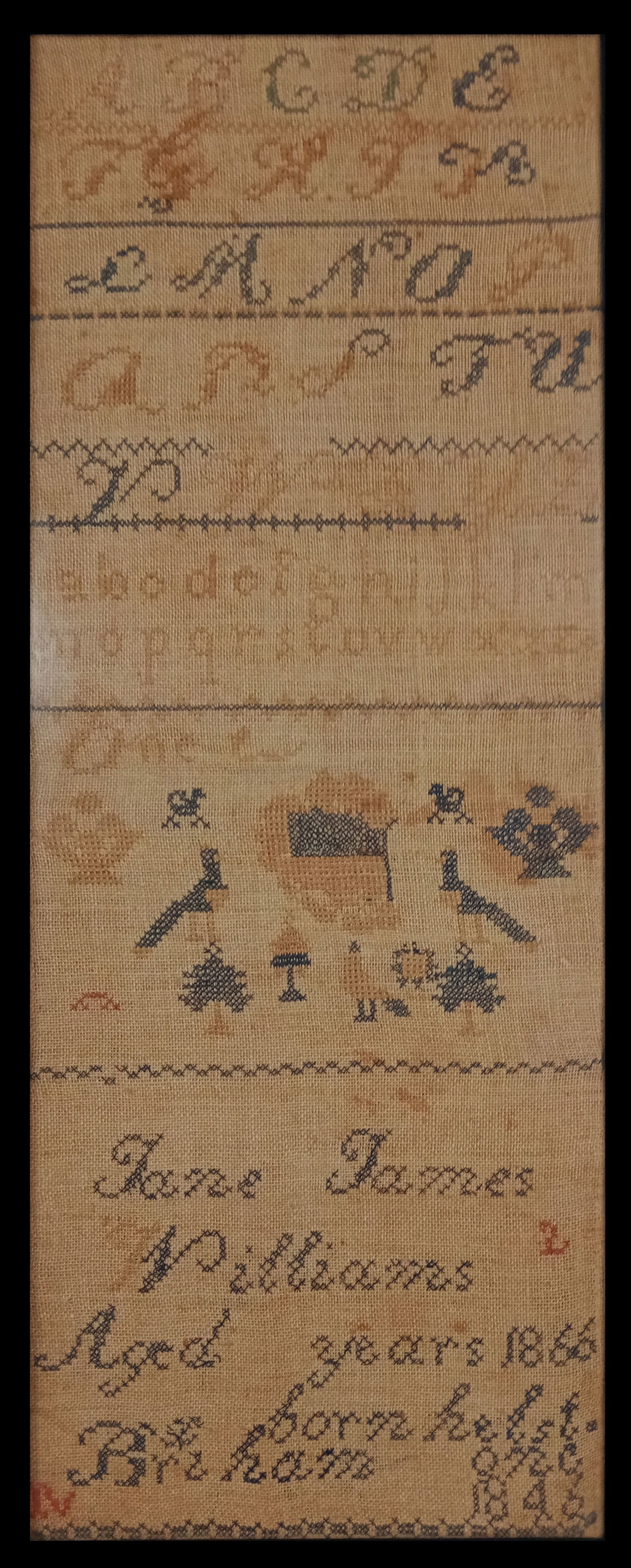 Jane James Williams, embroidery sampler on coarse woven cloth, in glass frame, 45 x 21 cm, 1866.  SLSA ACC 533. 