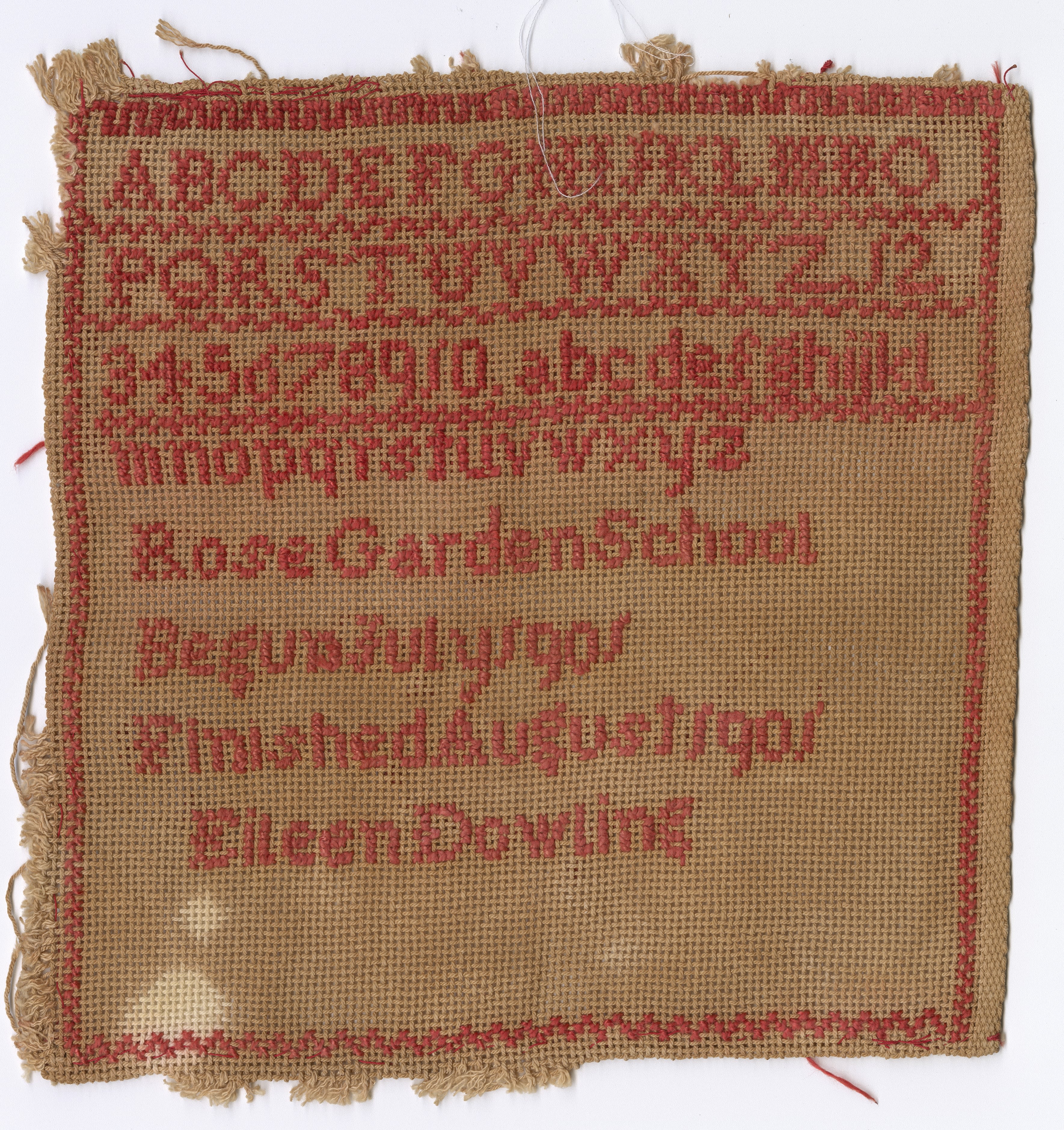 Front of Eileen Dowling, cross-stitch sampler, 20 x 20.6 cm, 1901. SLSA D 8939