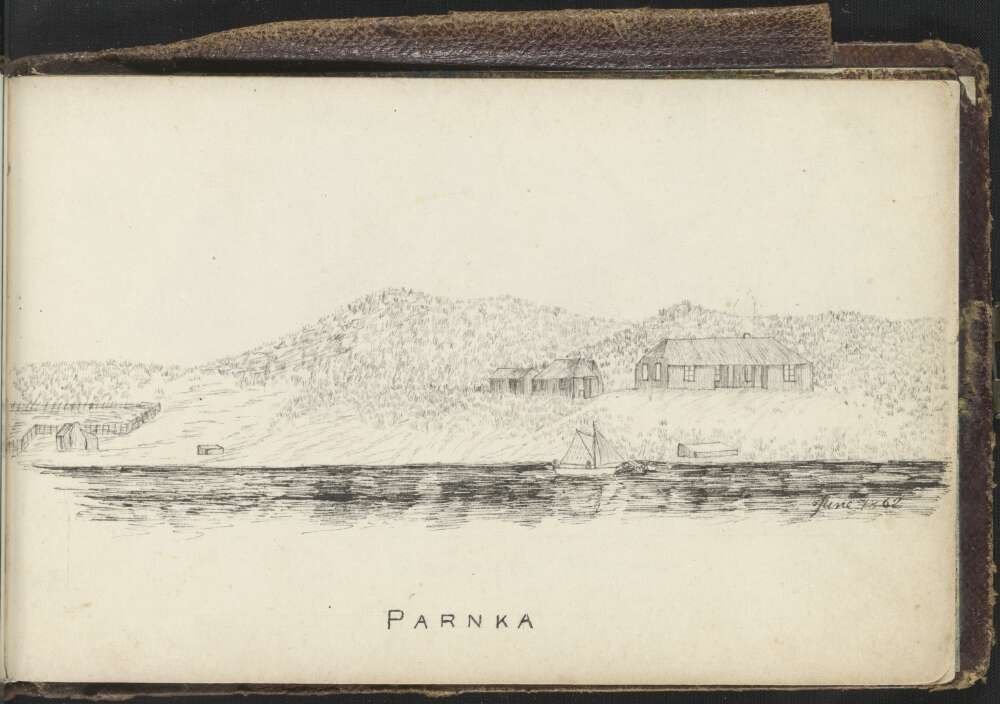 Ink drawing of cottage at Parnka Point, Charles Babbage, 18 June 1862. NLA: OJB-142686476-1
