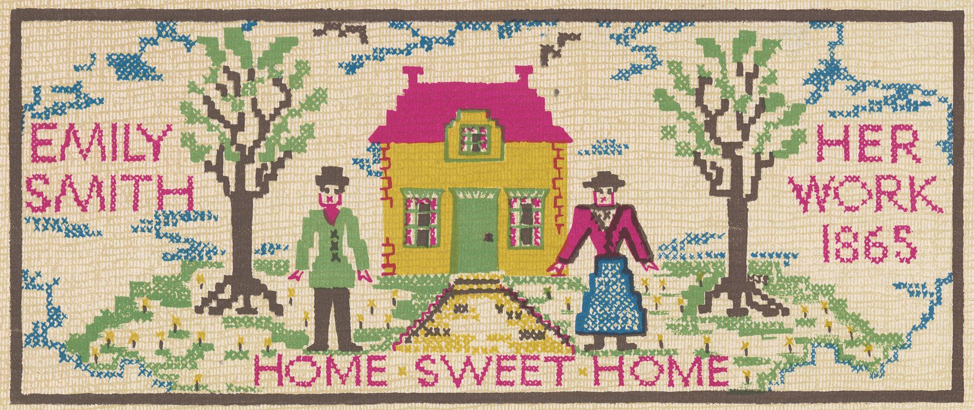 A section of the colourful drawing of the sampler found in an attic and made in 1865.