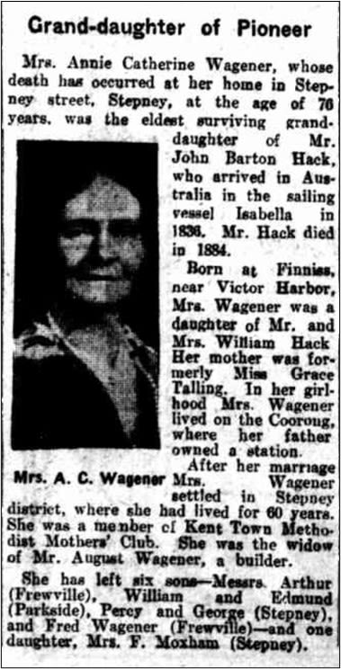 The late Mrs A.C. Wagener, 'The News', Adelaide, Wednesday 11 March 1931, p. 6.