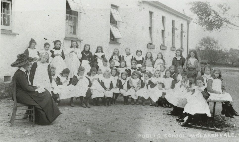 Photograph of girls sewing at school, McLaren Vale, SA, 1910. SLSA B 43429