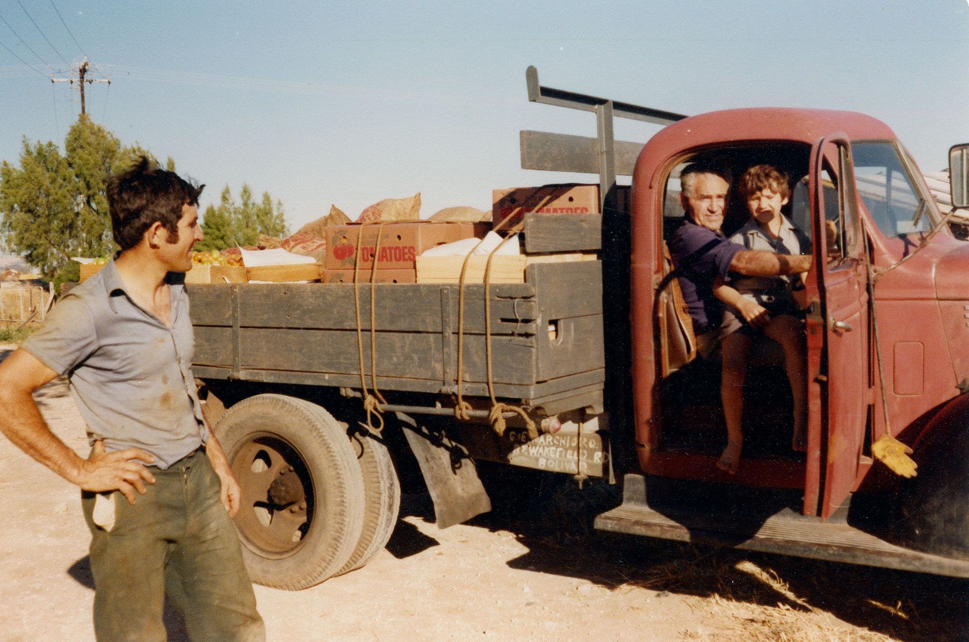 Johnny, his father Vittorio, and son Robert, with a load of tomatoes at Bolivar, 1975. SLSA: B 70982/11