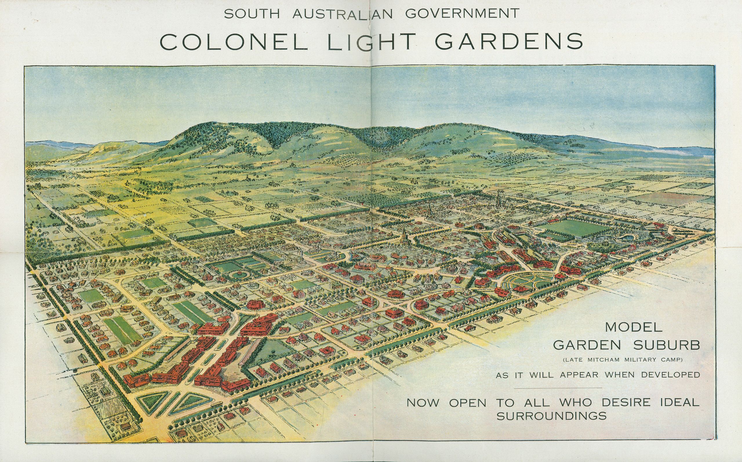 Colonel Light Gardens birds-eye view from Colonel Light Gardens: a model garden suburb : comfort, convenience, beauty issued by South Australia Garden Suburb Commission, 1921