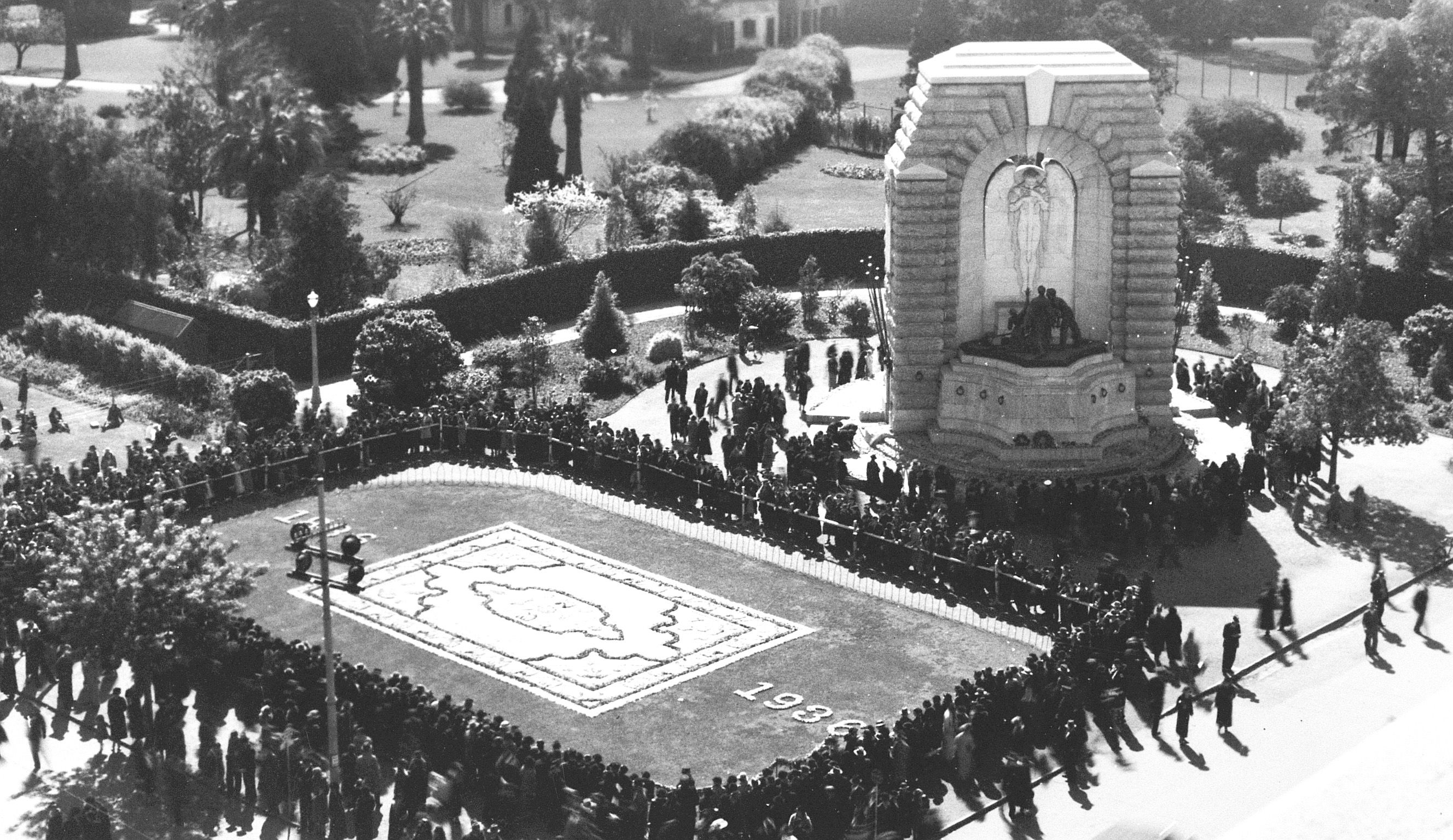 Floral carpet created on North Terrace at the South Australian Centenary Floral Pageant, 1936. SLSA: B 62248