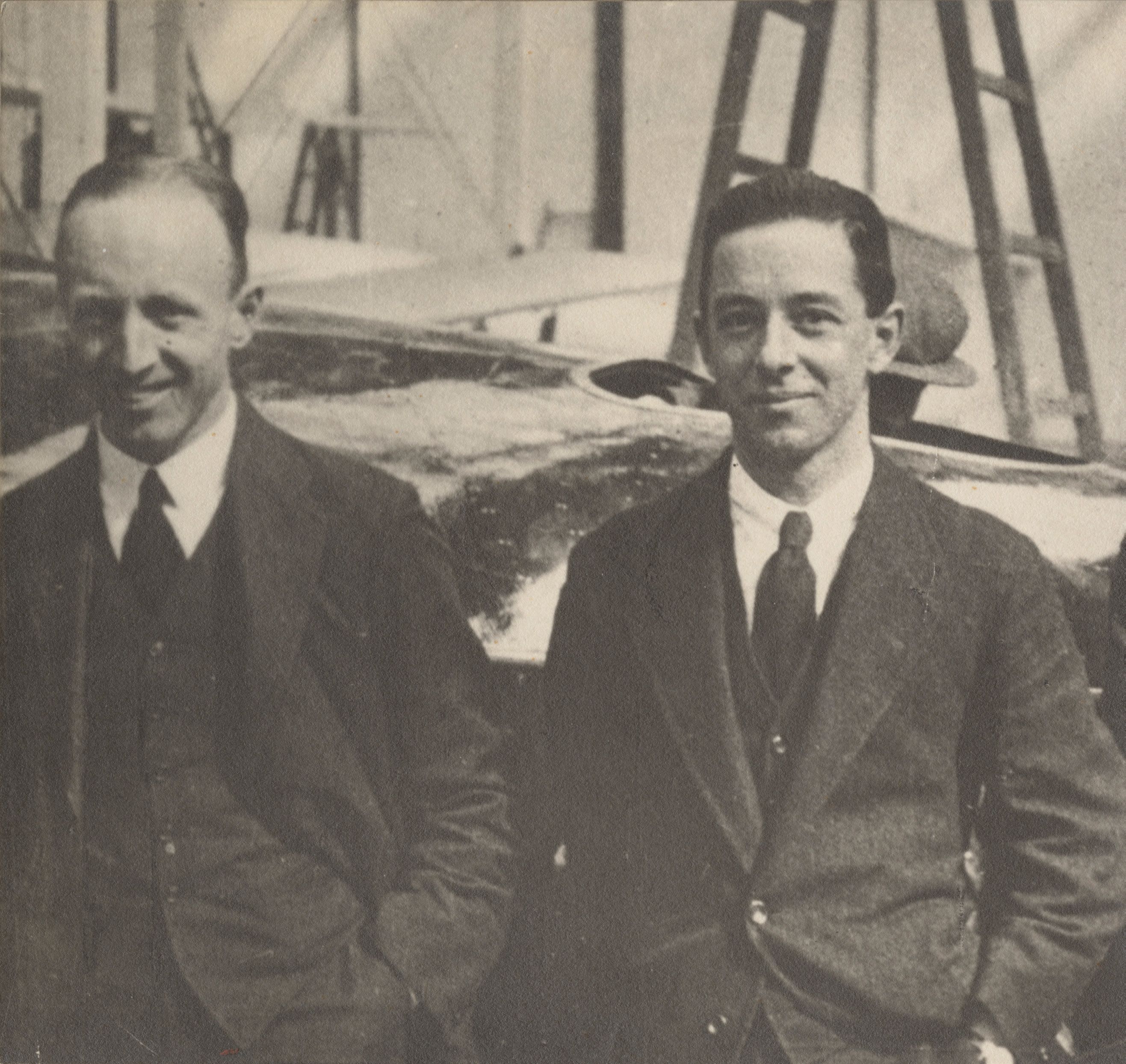 One of the last photographs of Ross at left with his brother Keith at Brooklands in April 1922. SLSA: PRG 18/13/1