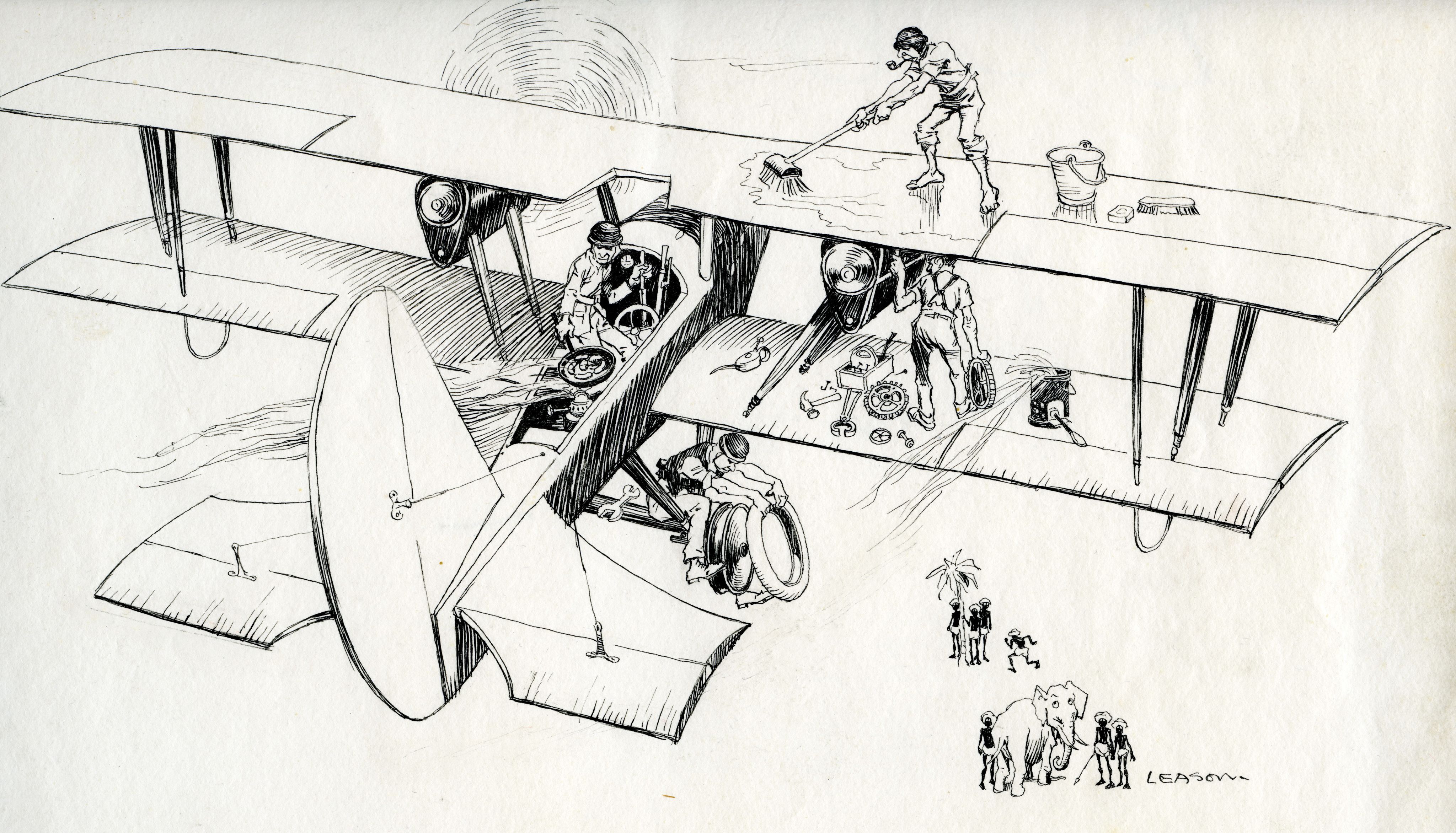 Cartoon by book illustrator and political cartoonist Percy Leason captioned ‘Ross Smith’s machine on the flight to Australia carries a crew of four.Rough guess at how they are employed en route’. Date unknown. Barr Smith Library Archives and Special Collections