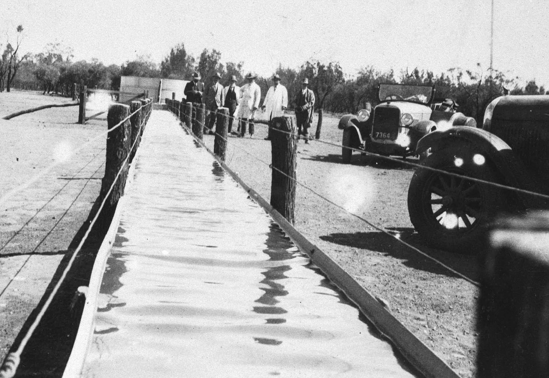 A Parliamentary working party visited Mutooroo Station to inspect its water supply in 1927. Perseverance dam took 10 years to construct. SLSA: B 61988