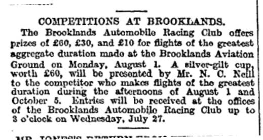 The Times of 20 July 1910 refers to the event that Ross would attend. Vickers Aviation Ltd would later establish their business at Brooklands in 1911. SLSA Times Digital Archive
