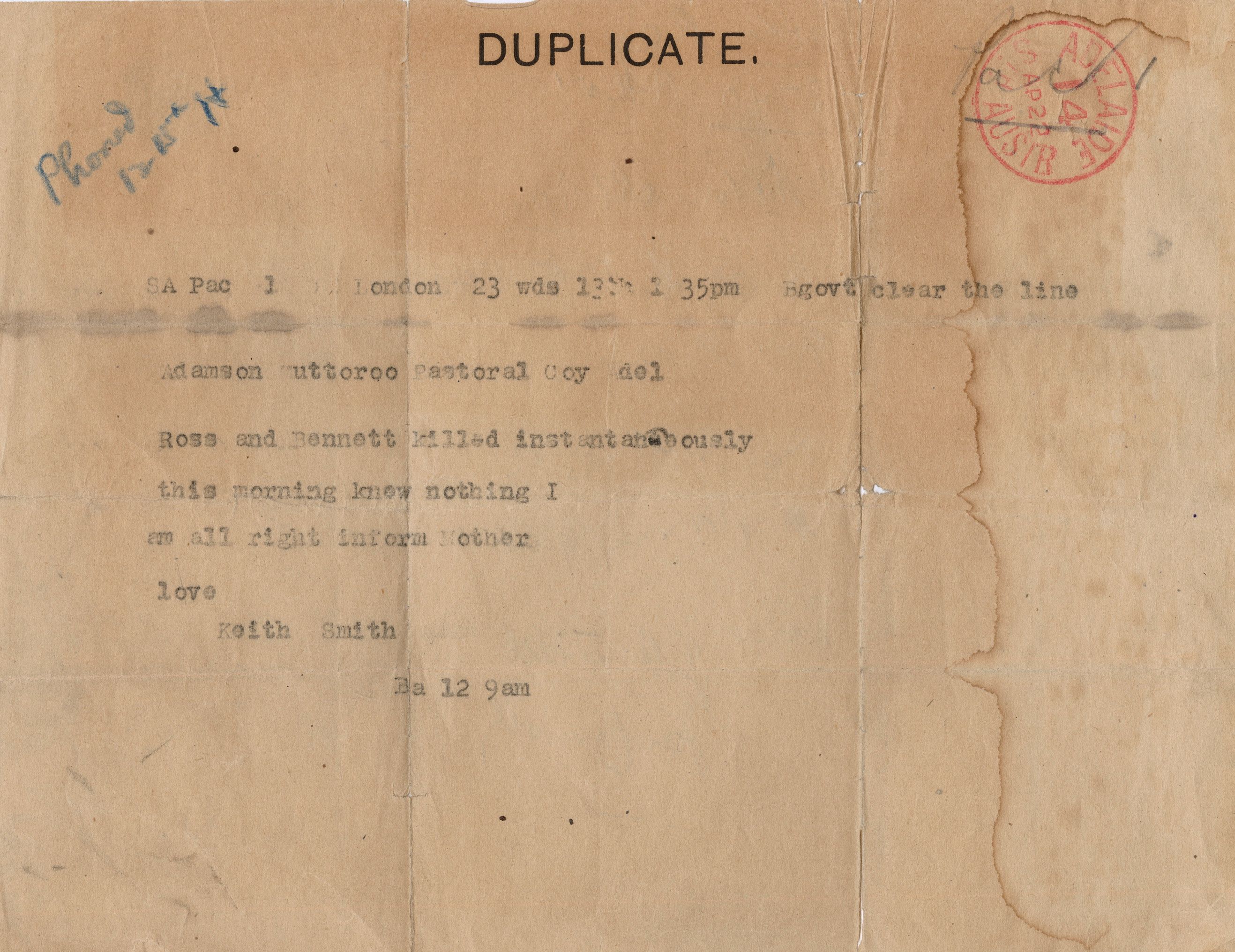 Telegram from Keith to his parents at Mutooroo Station. SLSA: PRG 18/65 kindly donated by John Adamson