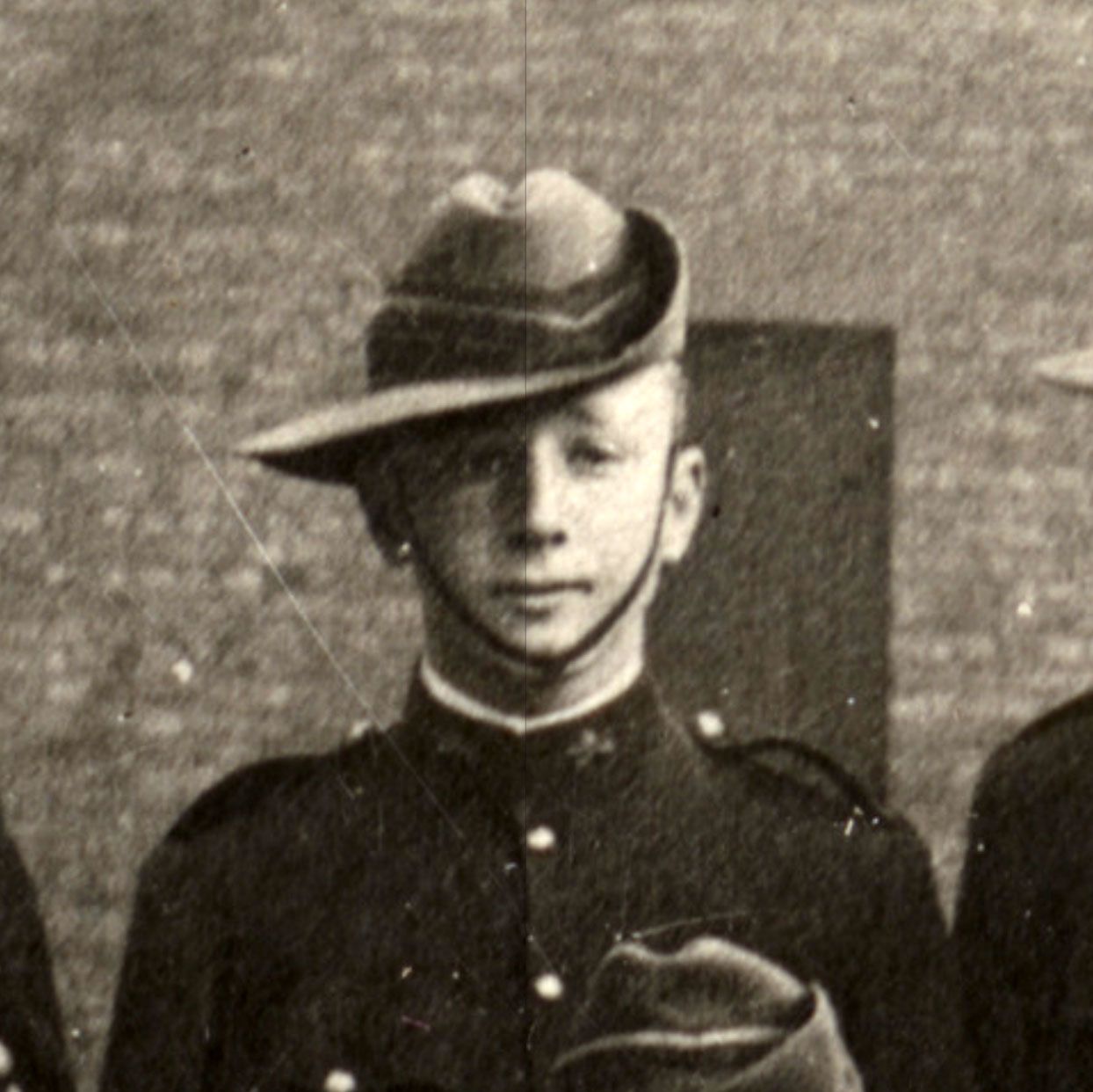 Cropped image of Ross Smith standing fourth from left in the Australian Mounted Cadets, 1910. SLSA: PRG 18/1/21