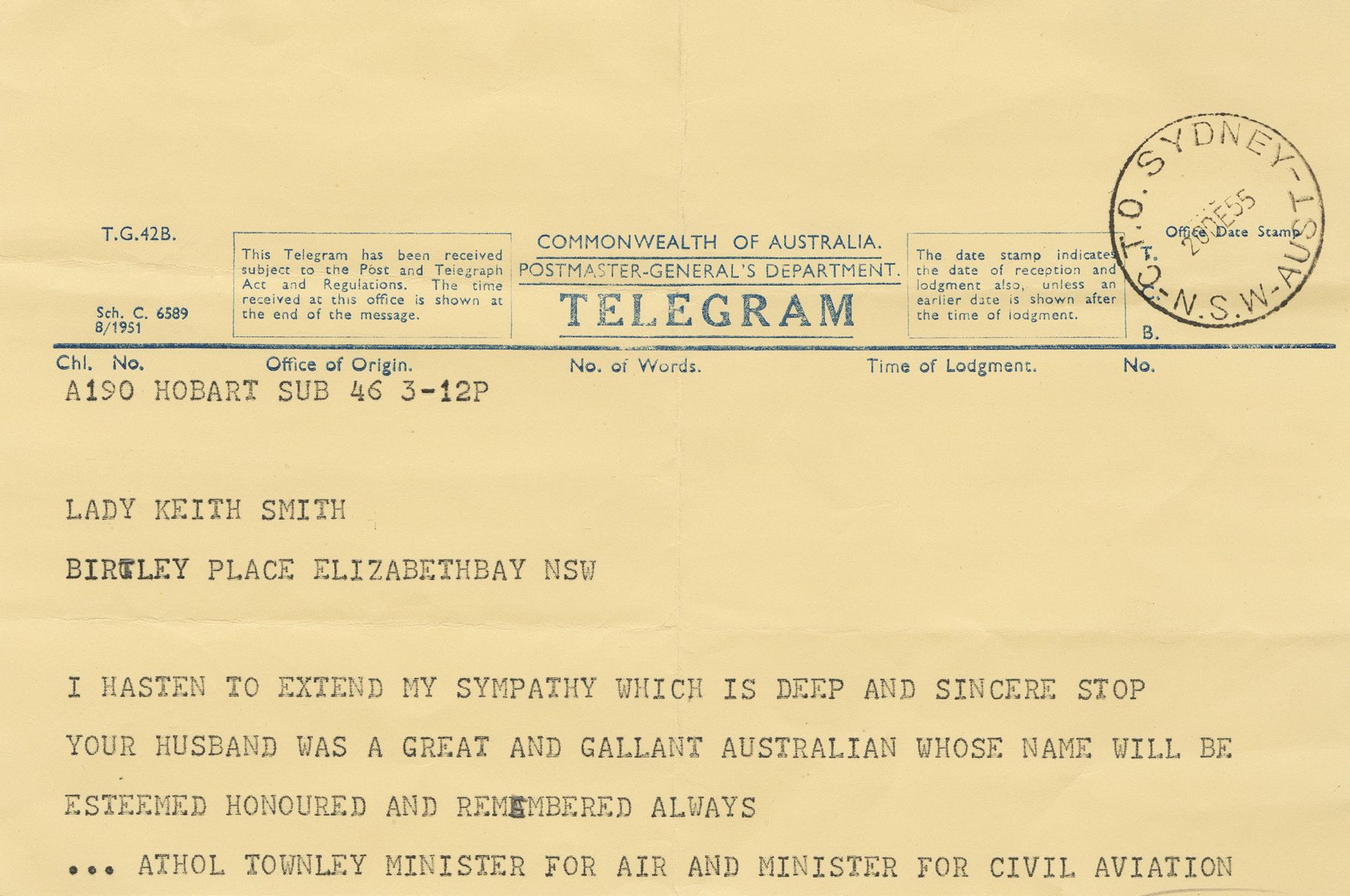 Lady Smith received many telegrams and letters of condolence on Keith’s death, such as this one from the Minister of Civil Aviation. SLSA: PRG 301