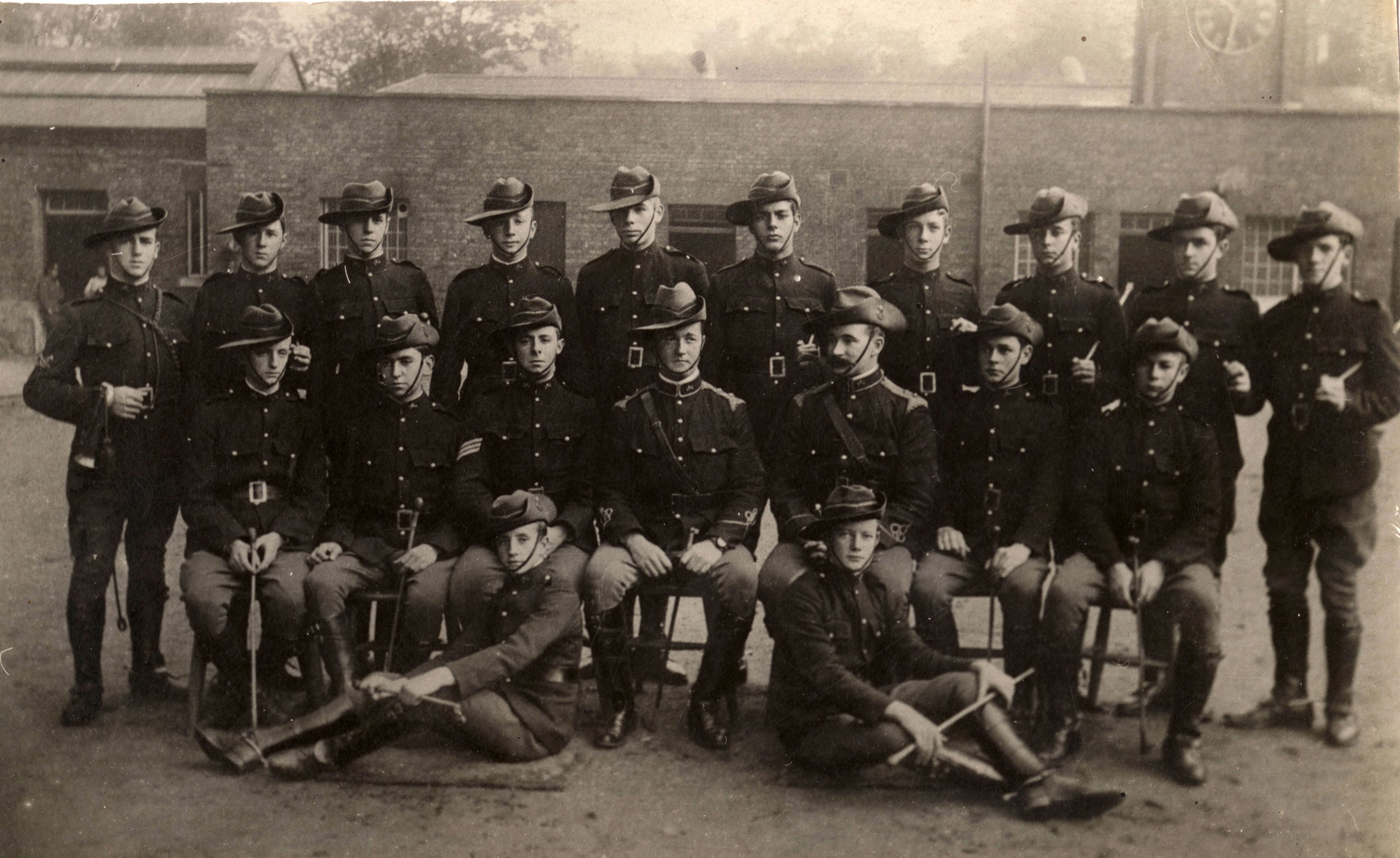 Ross Smith standing fourth from left in the Australian Mounted Cadets, 1910. SLSA: PRG 18/1/21