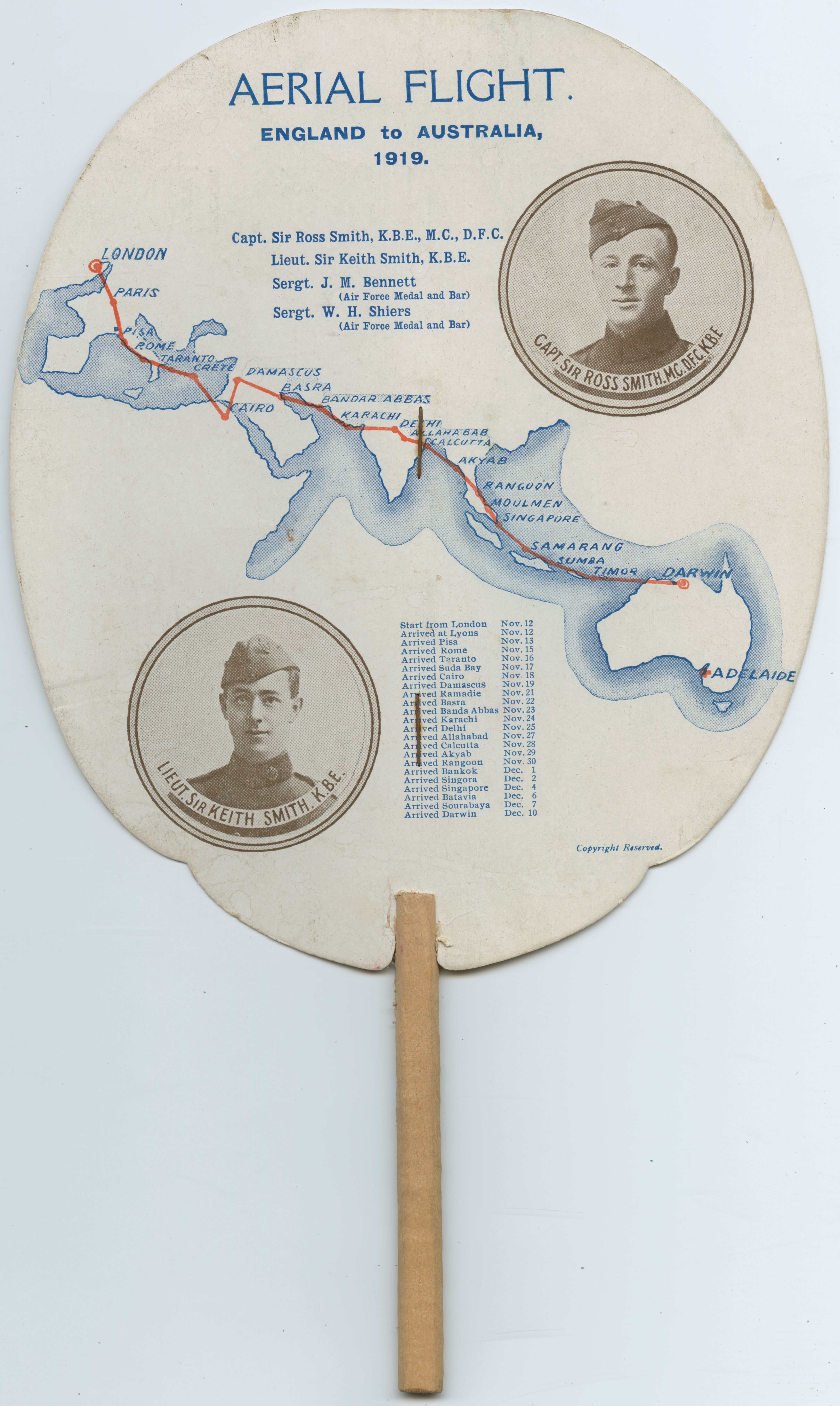 A hand-held fan commemorating the first England to Australia aerial flight in 1919 by the crew of the Vickers Vimy G-EAOU aircraft. Produced and sold by John Martin & Co. Ltd. SLSA: PRG1701/3/2