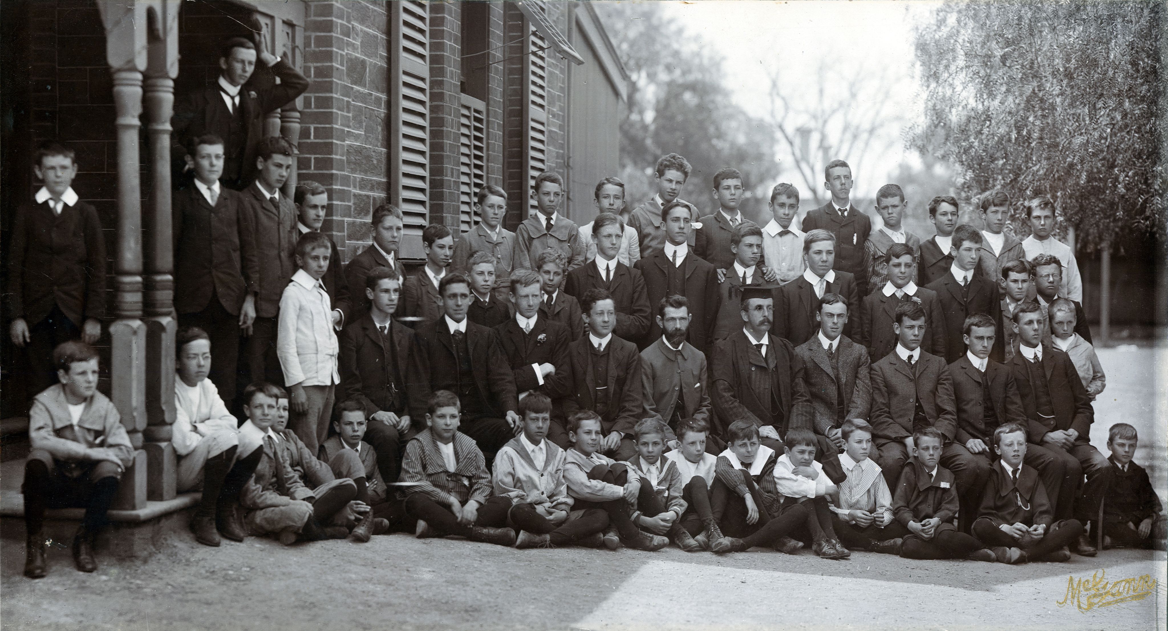 Photograph of students and teachers at Queen's School, on Barton Terrace, North Adelaide. Featuring the Smith Brothers. SLSA: B 29751