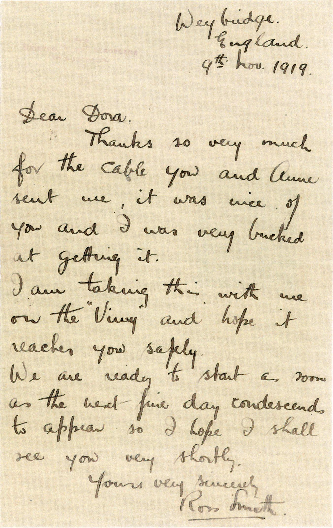 Letter, dated 9 November 1919, written just prior to departure from England by Ross Smith to Dora Horwood, and then carried on the historic flight from England to Australia. SLSA: D 7813/1(L)