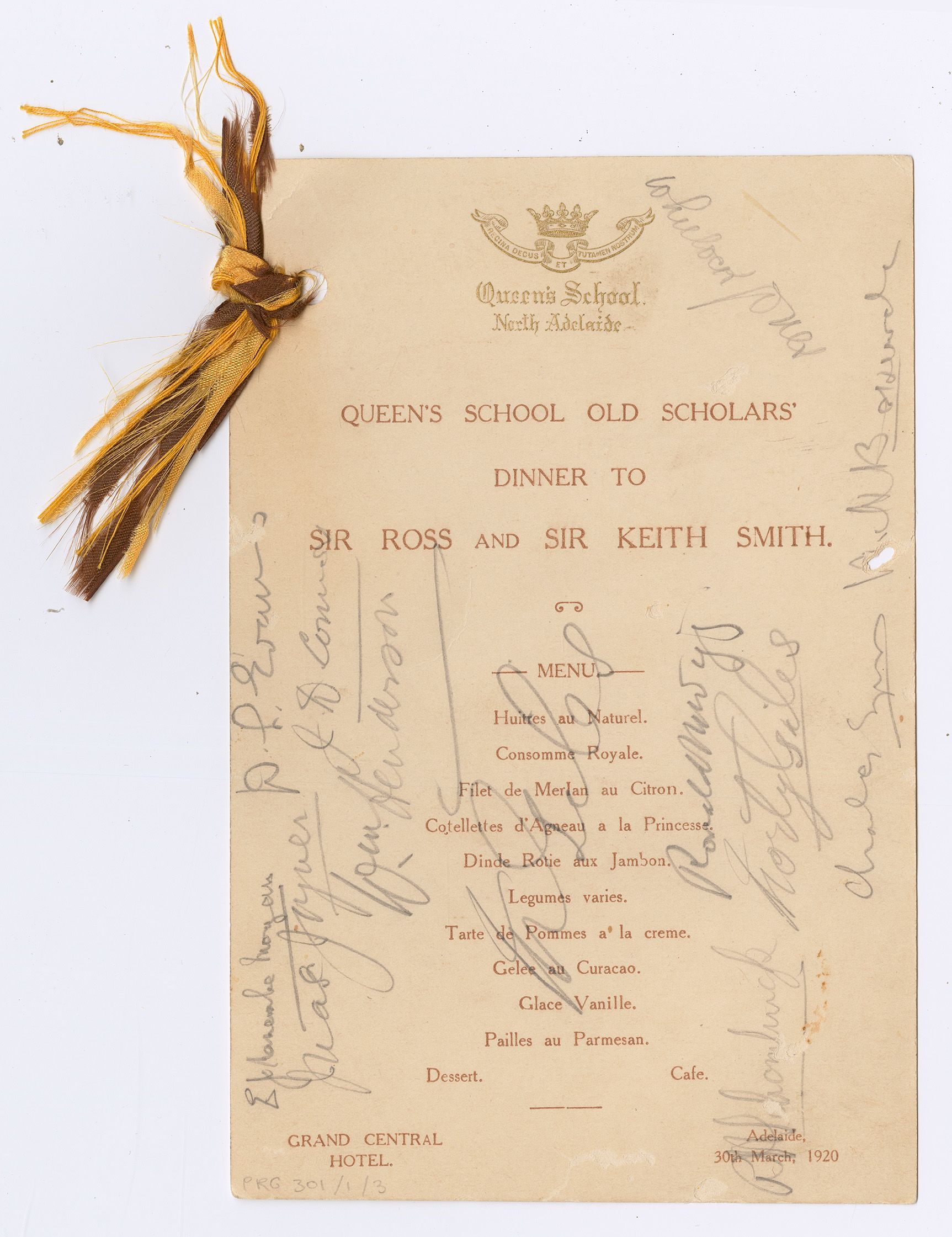 Queen's School Old Scholars' dinner to Sir Ross and Sir Keith Smith. This menu features an abundance of signatures. SLSA: South Australiana Collection