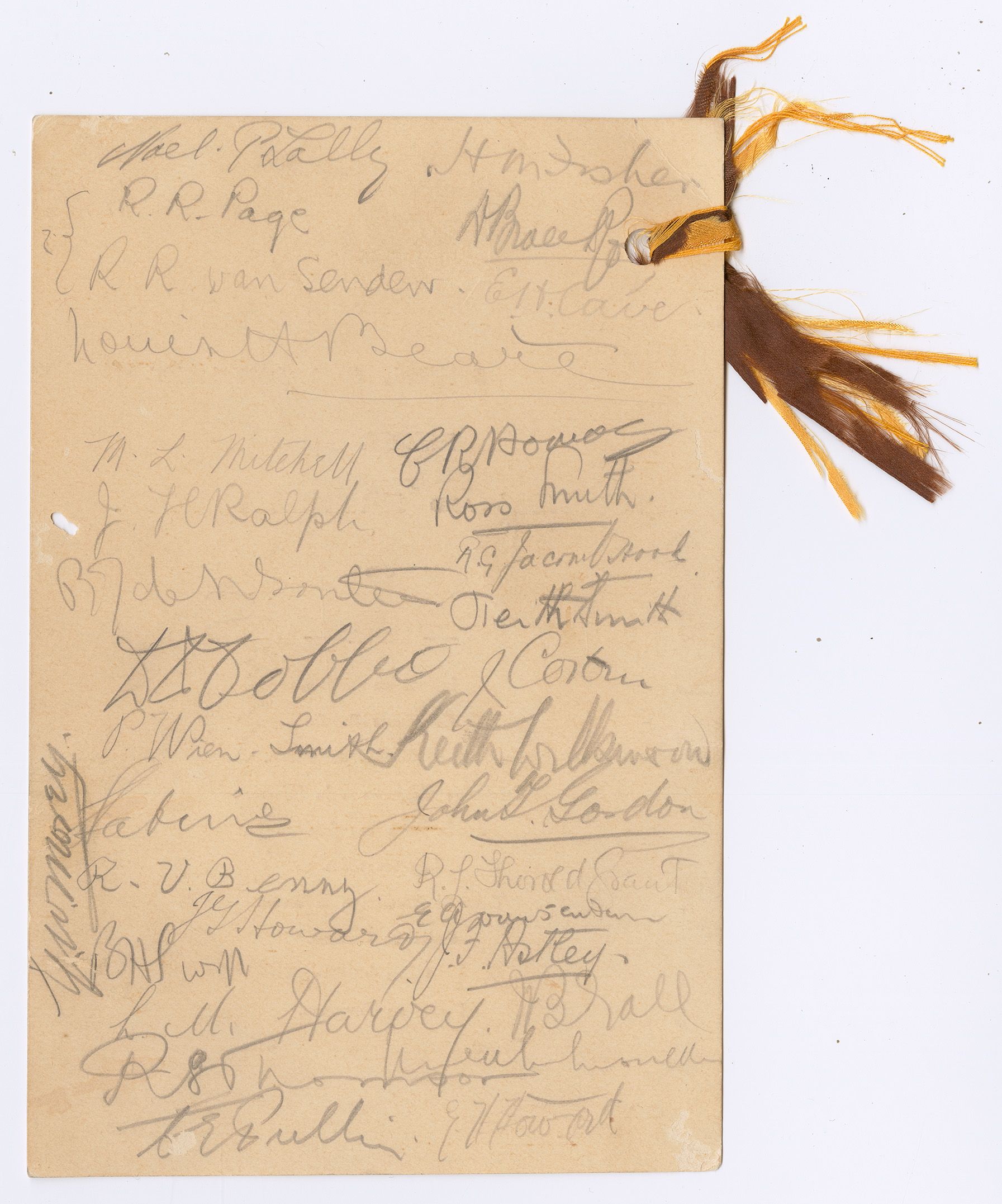 The back of the Queen's School Old Scholars' dinner to Sir Ross and Sir Keith Smith, menu featuring an abundance of signatures including the Smith Brothers. SLSA: South Australiana Collection