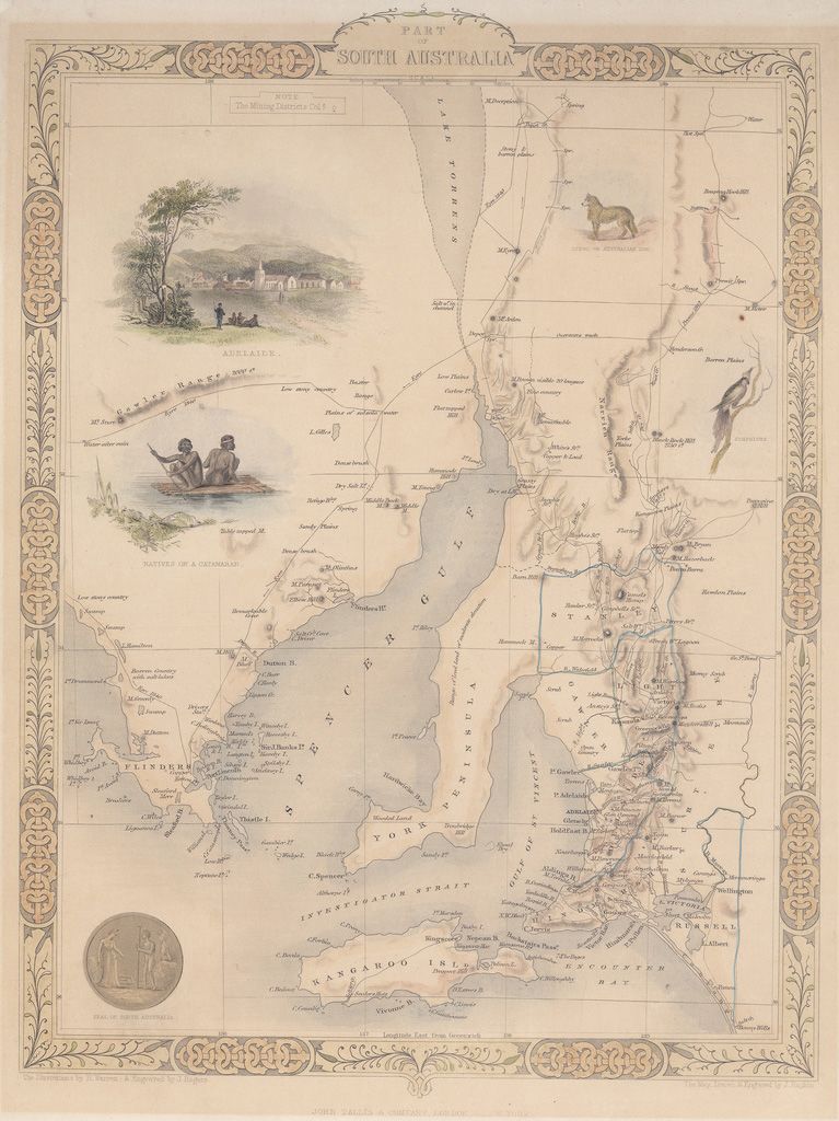 Tallis map of part of South Australia, ca. 1851. The map drawn and engraved by J. Rapkin. The illustrations by H. Warren and engraved by J. Rogers. SLSA: C 1112