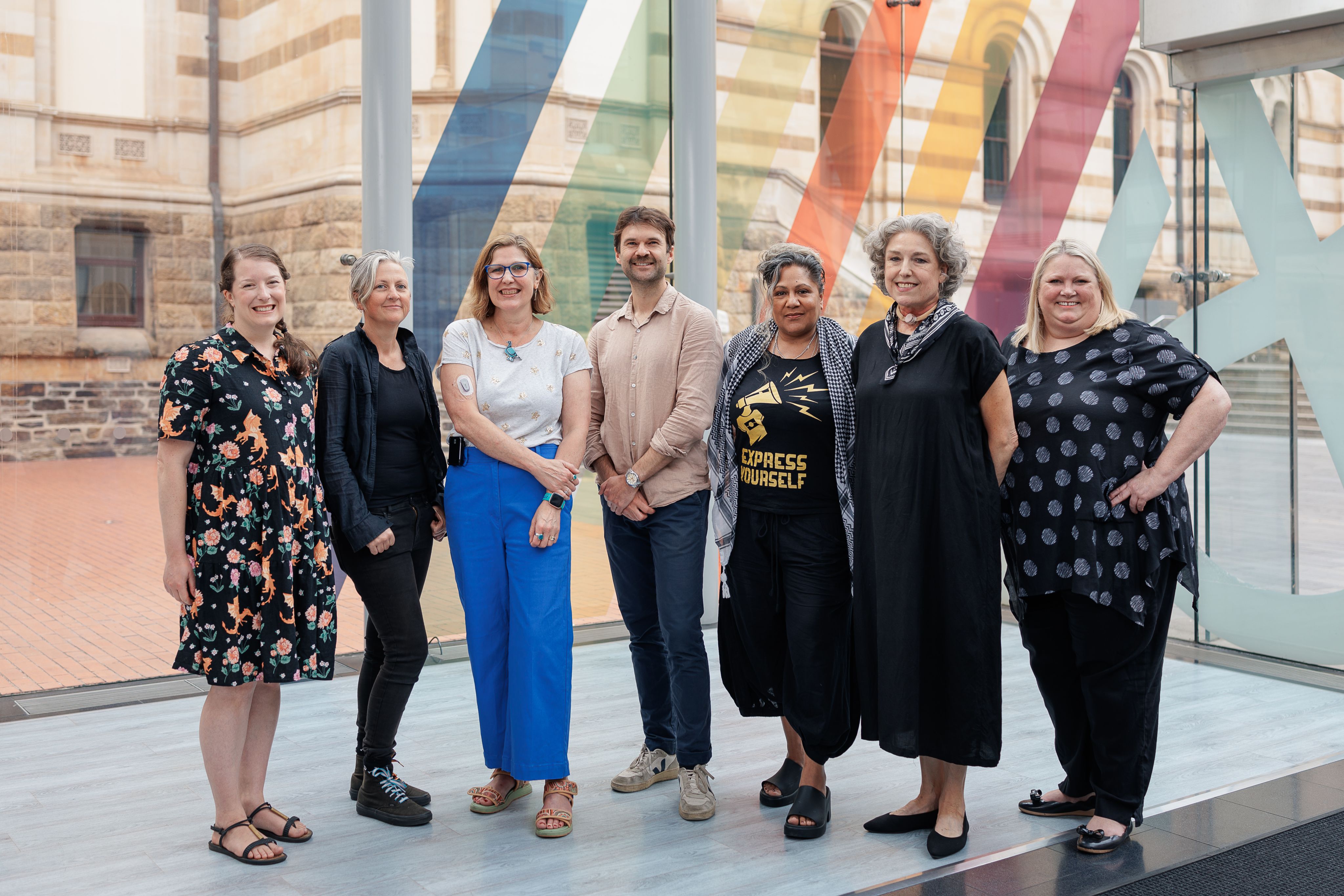 Winners of the 2025 SA Literary Fellowships, with State Library Director Megan Berghuis and former Writers SA CEO Laura Kroetsch.