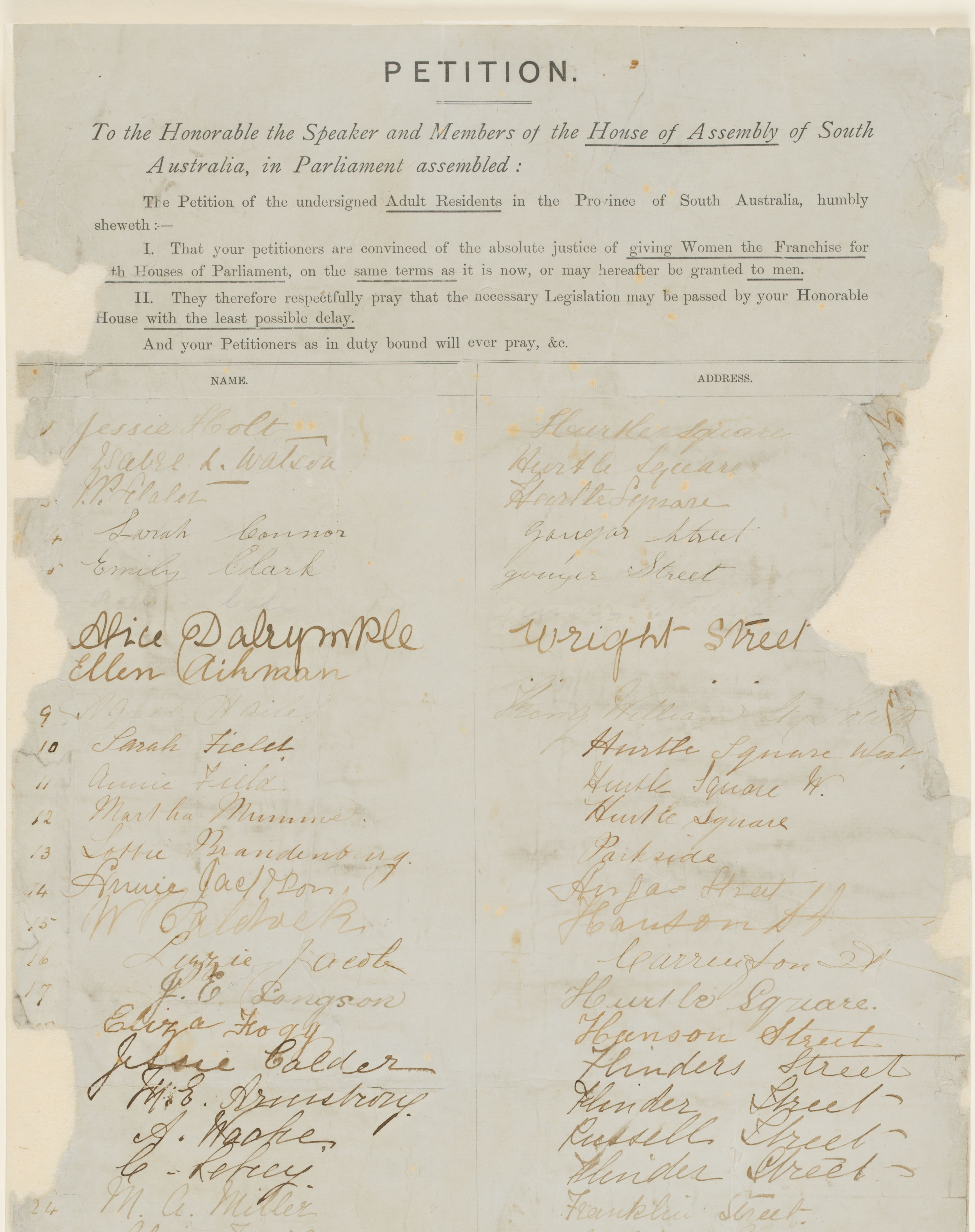 Historic women’s suffrage petition presented to the House of Assembly on 23 August 1894
