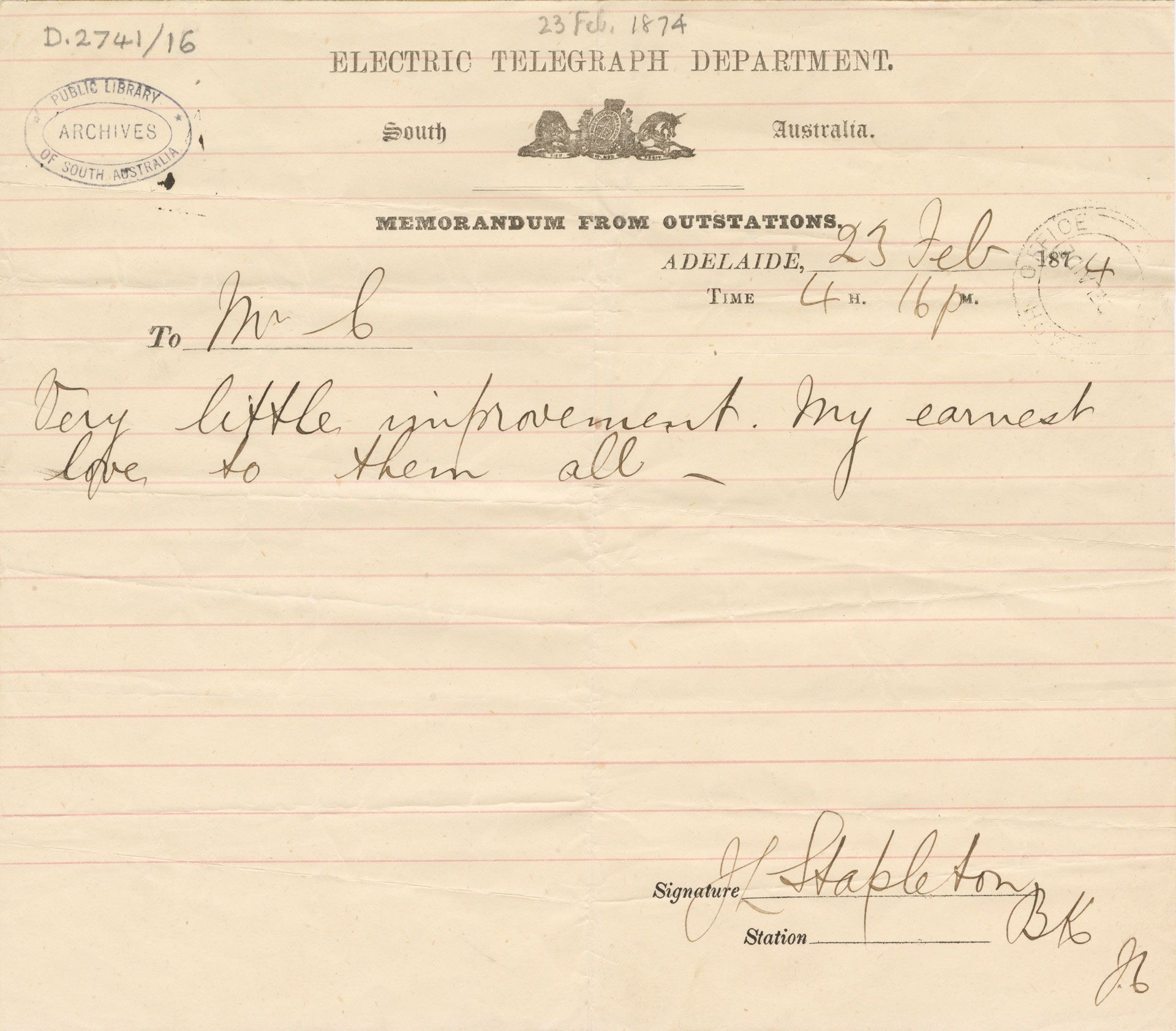 The telegram tapped out by James Stapleton himself, to his wife Emily, as he lay dying from spear wounds, 23 February 1874. SLSA: PRG 643/6/3