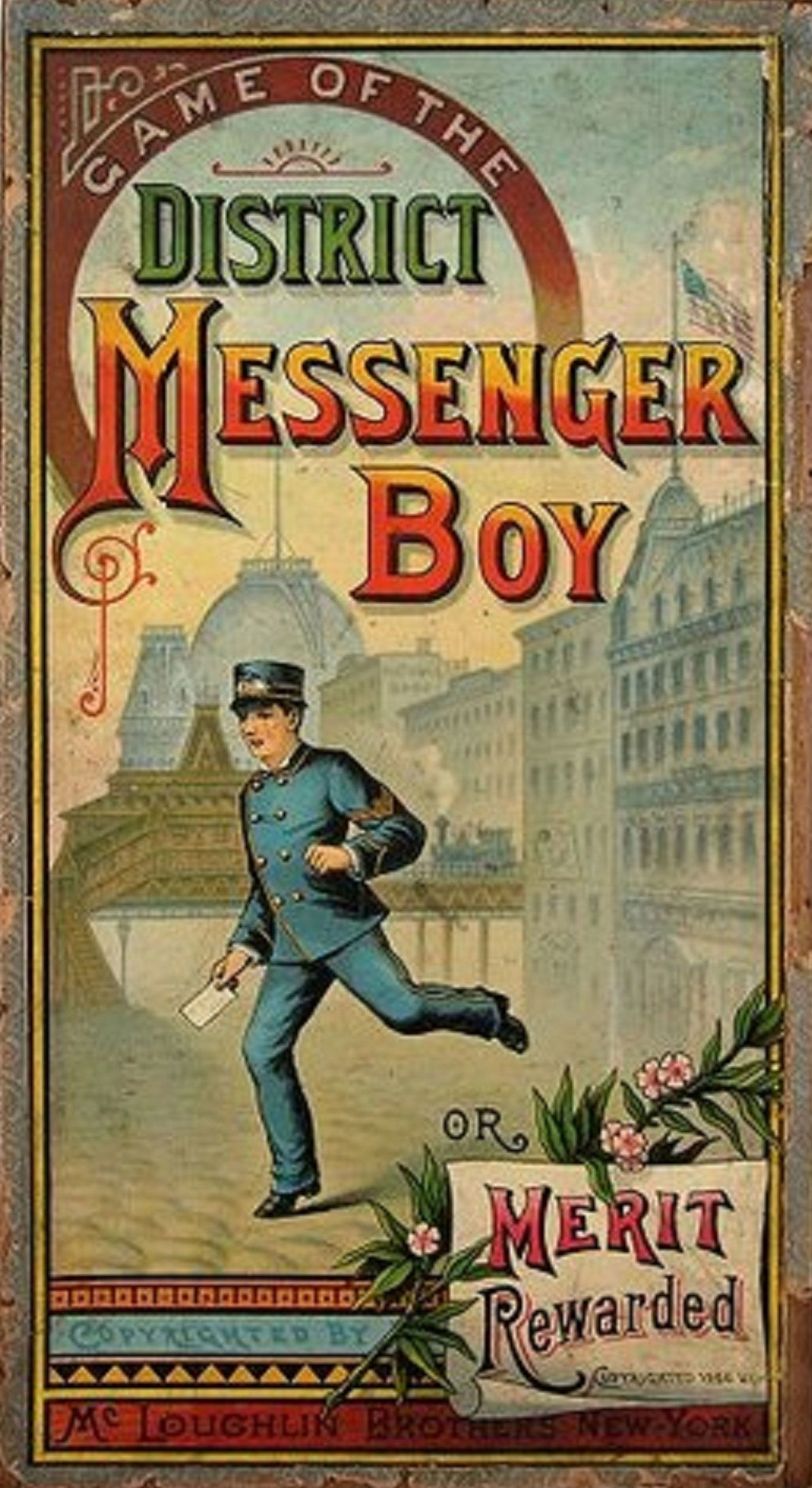 Box cover of The Game of District Messenger Boy, New York, McLoughlin Brothers, 1886. SLSA: CLRC Games Box 123