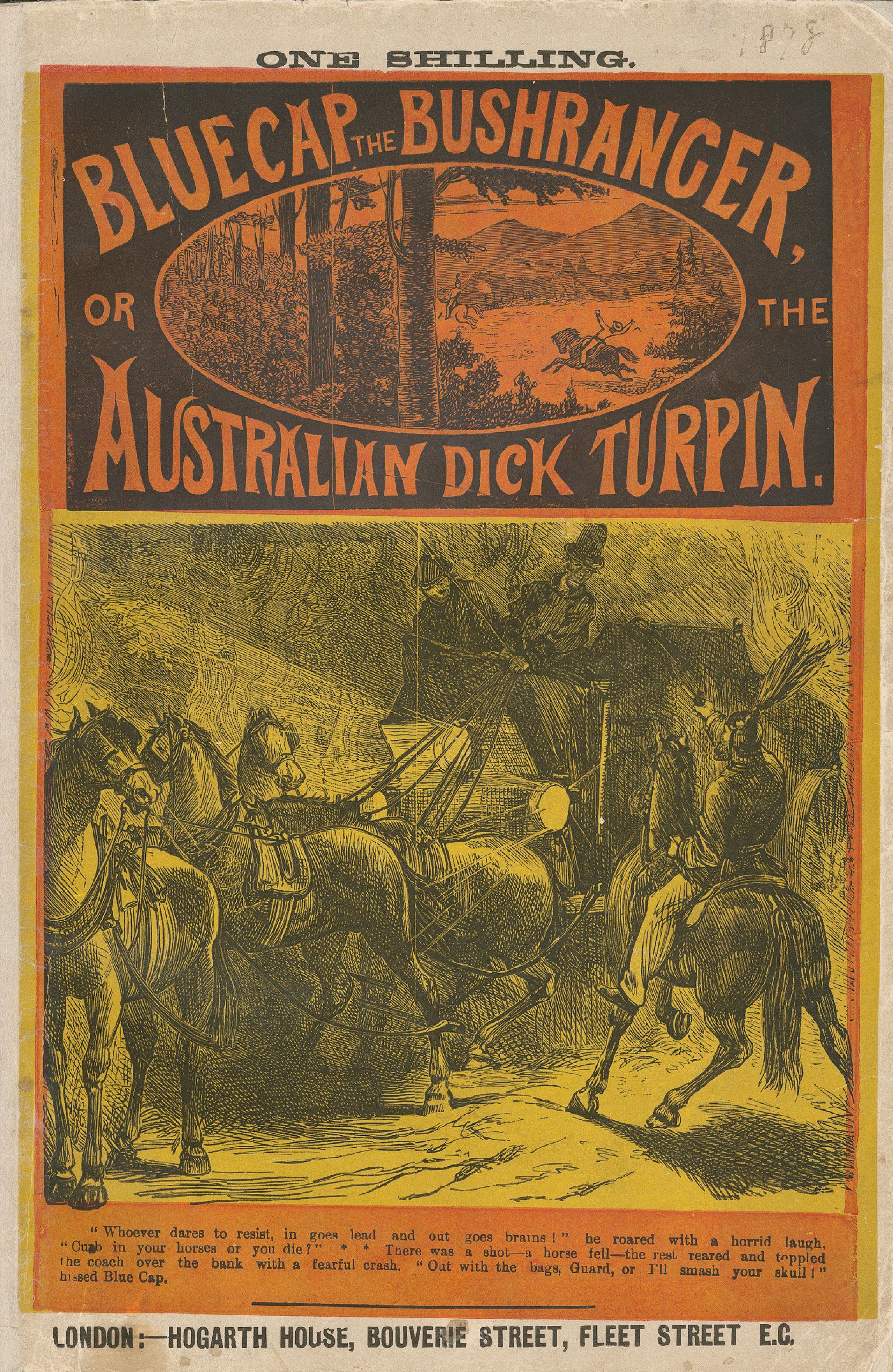 Telegram boys shared these cheap publications with their peers. Blue cap the Bushranger or The Australian Dick Turpin, by James Borlase, London, Hogarth House, [1879?] . SLSA: CLRC Au/19 BOR b. Though not strictly written for children, the lurid and sensational nature of their contents meant they had a wide appeal.