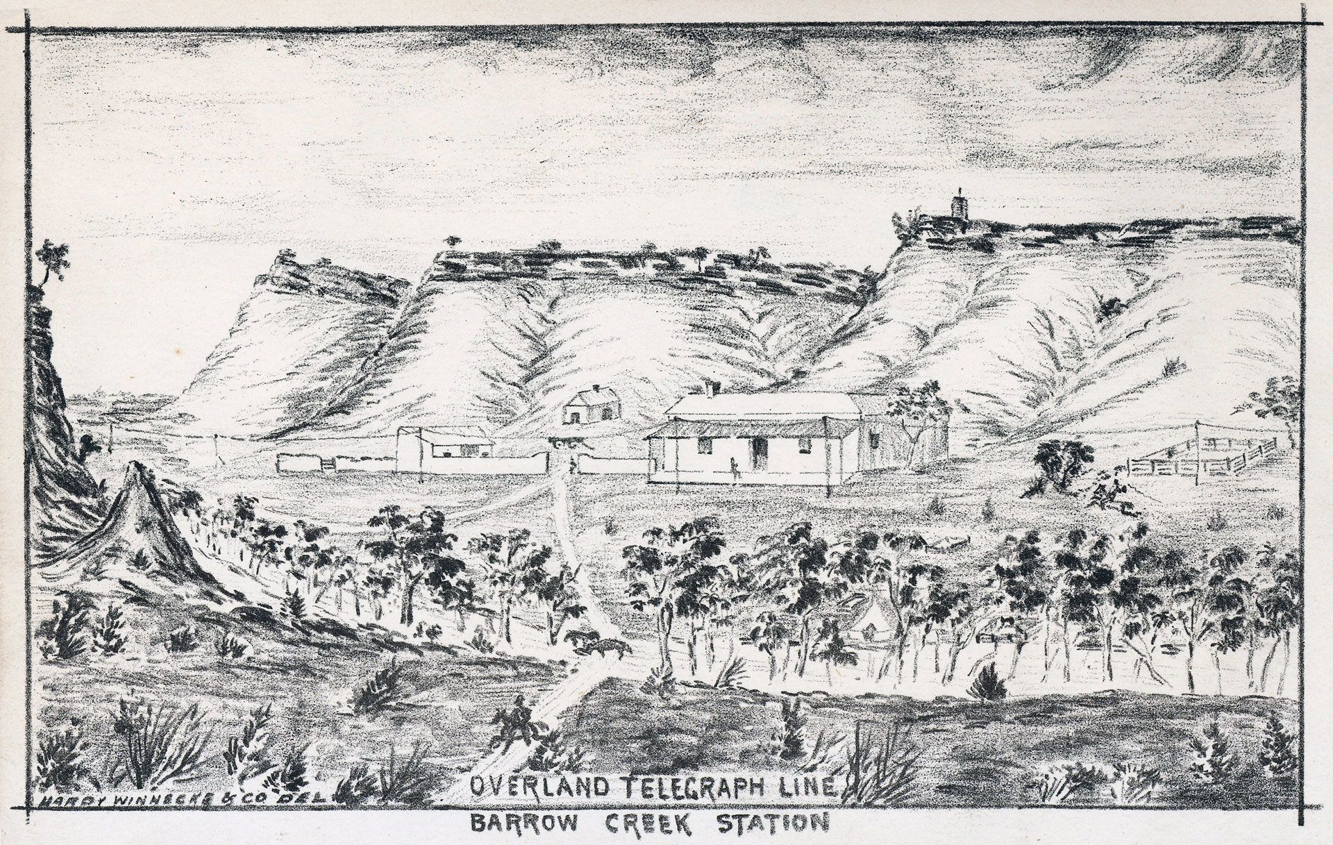 Barrow Creek telegraph station, Hardy Winnecke & Co. (artist), showing the Overland Telegraph Line, homestead and outbuildings in a valley, 1879. It looks deceptively peaceful. SLSA: B 10259