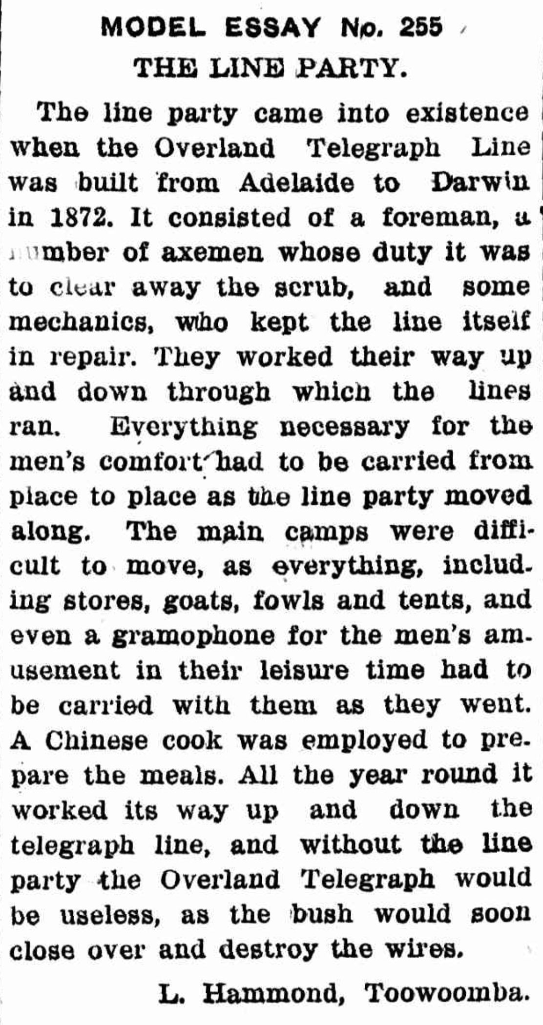 This 'model' essay by school student L. Hammond of Toowoomba, was published in the Pittsworth Sentinel, QLD, Wed 24 Jan 1945, p 3 (accessed online)