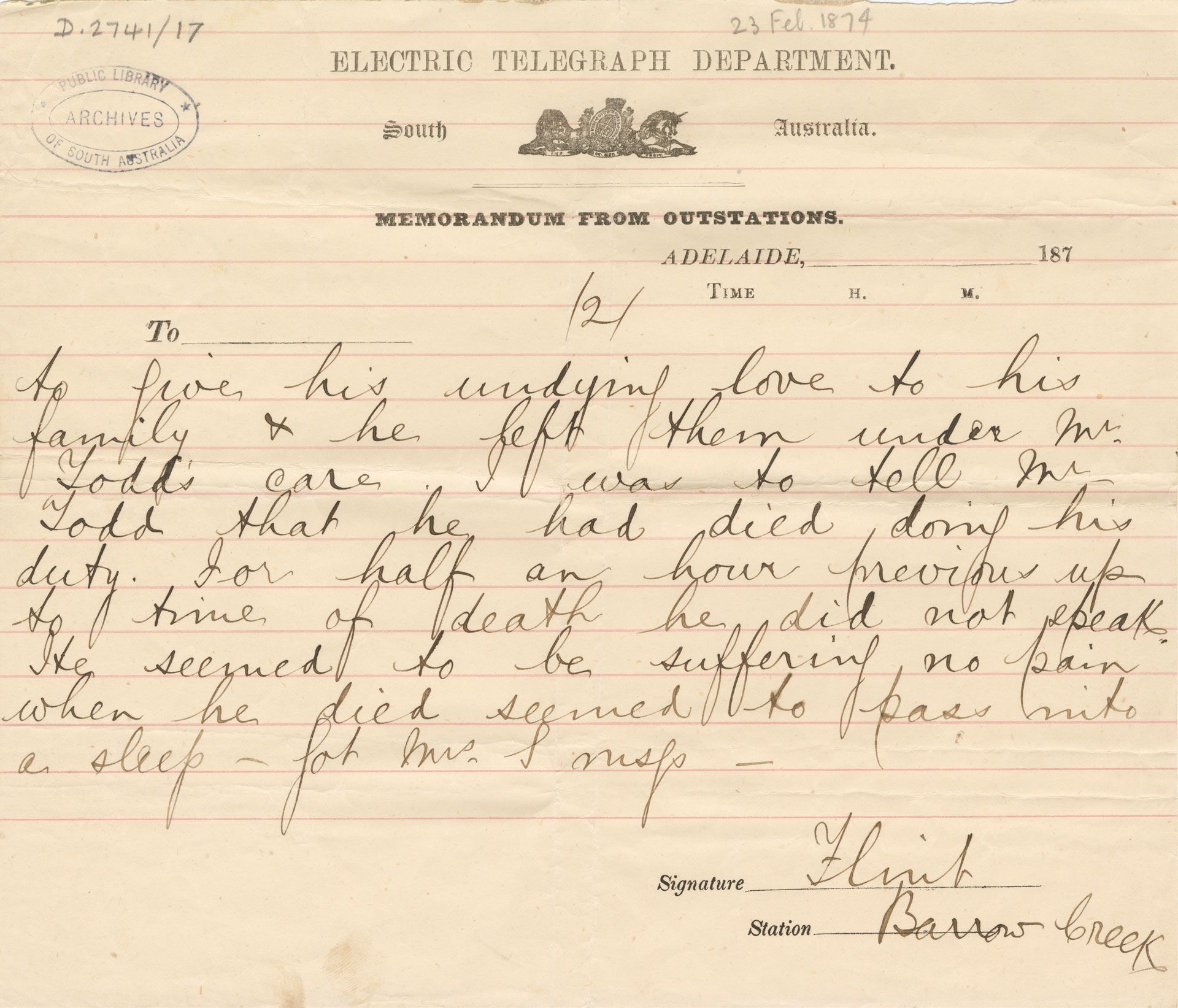 Second page of the Telegram to Emily Stapleton, advising her of her husband's death, 23 February 1874. It is signed by Edward Flint, who survived three spear wounds. SLSA: PRG 643/6/4