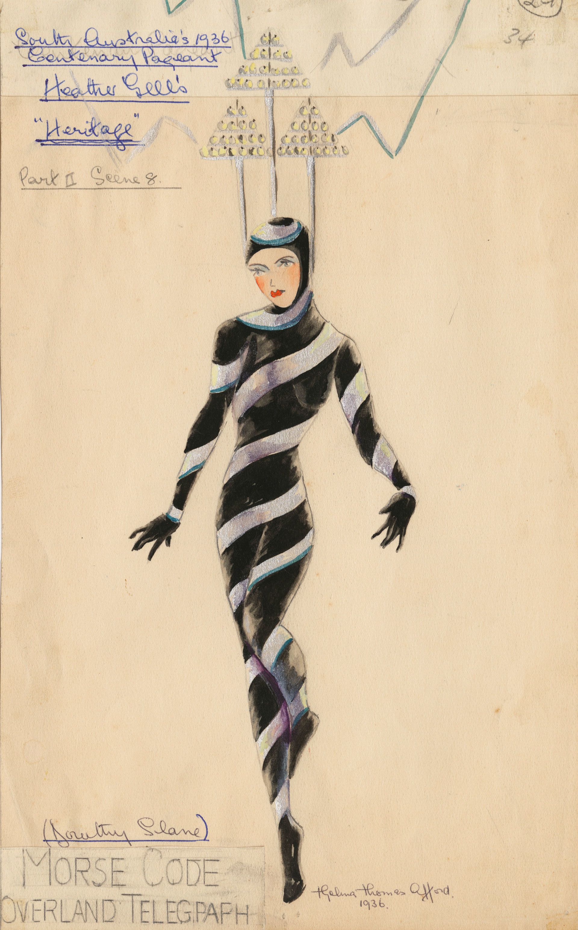 All abuzz. The eclectic Morse Code/Overland Telegraph costume designed by Thelma Afford, 1936. SLSA: PRG 689/1/34