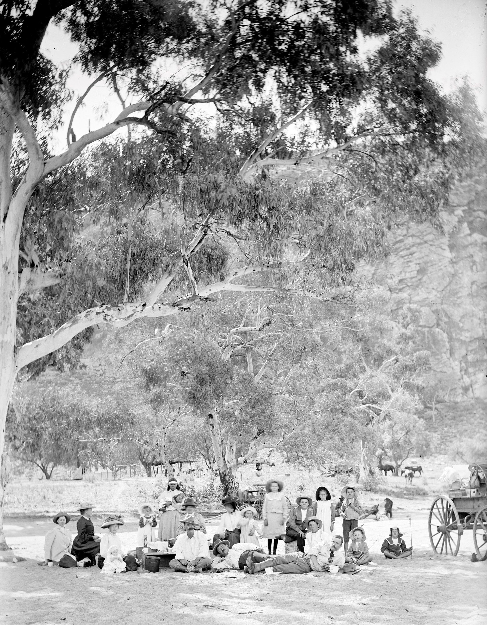 The telegraphy families of Alice Springs station out for a bush picnic in a dry creek bed near Alice Springs, 1907. SLSA: B 70589/17. Doris described the Central Australian telegraph folks as 'a healthy, hardy lot' (p. 136). Photographs of Thomas A Bradshaw