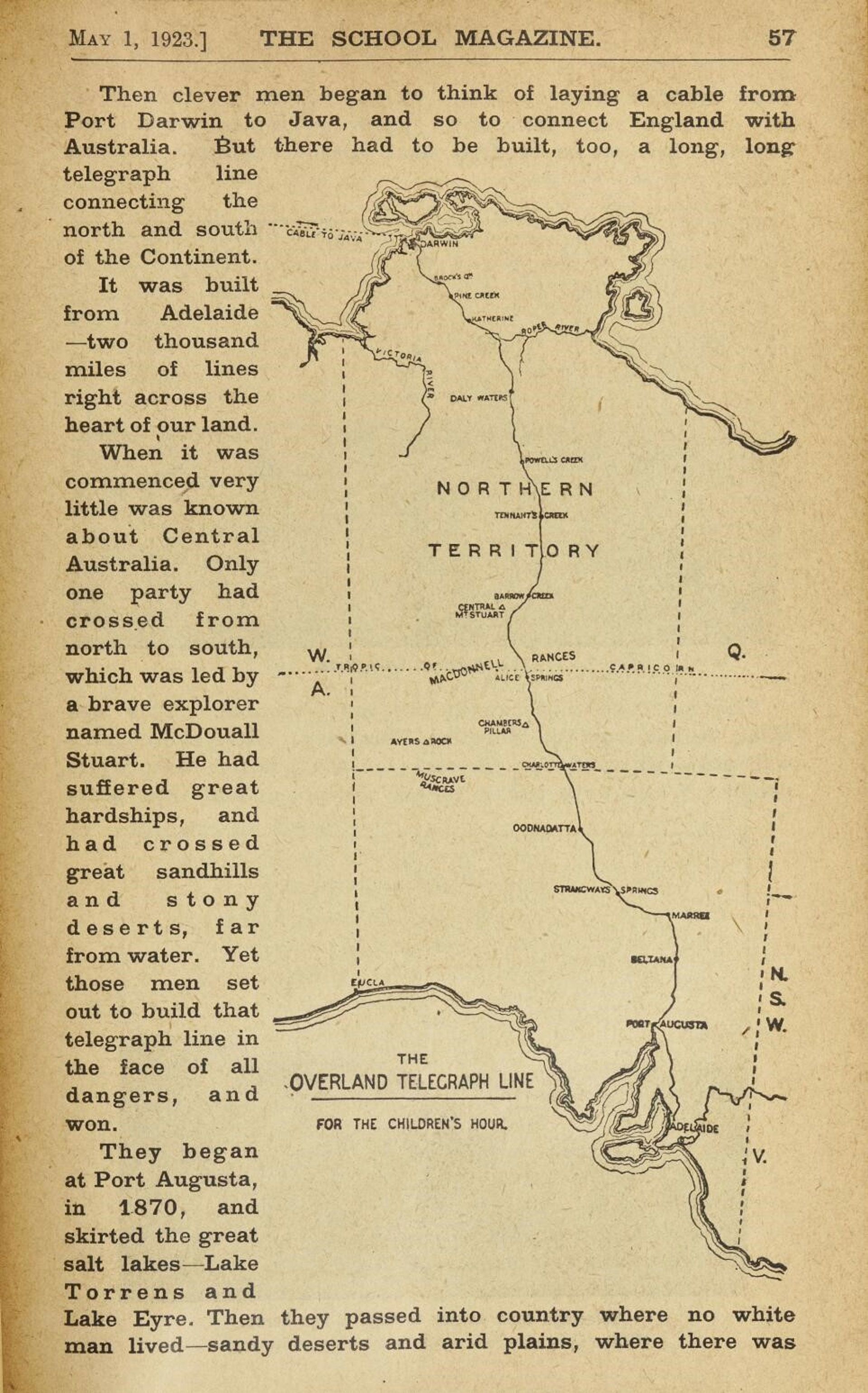 Article about the construction of the Overland Telegraph Line, The school magazine of literature for our boys and girls, Vol. 8 No. 4 Part 2 Class 4 May 2 1923 p 58, accessed online