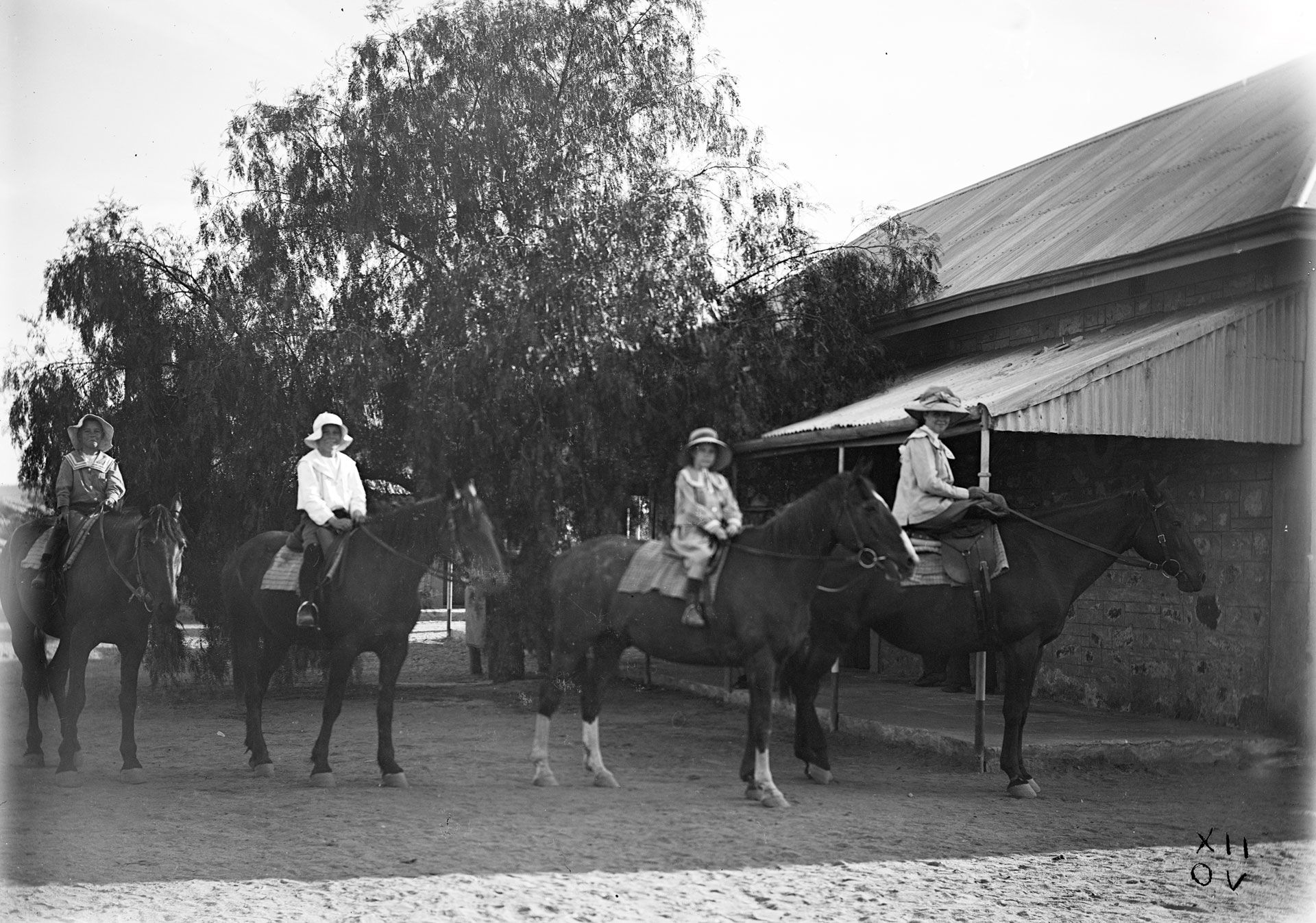 Riding party: The Bradshaw children on horseback outside one of the Alice Springs telegraph office buildings. On the right, riding side-saddle is Doris Bradshaw (about 16), with Mortimer, 13, Jack (Eric Ivan, about 10), and Consie (Constance), aged 11, 1907. SLSA: B 70589/6