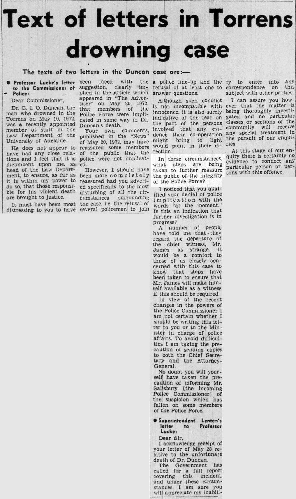 Horst Lücke’s letter and police response. Advertiser, 2 June 1972