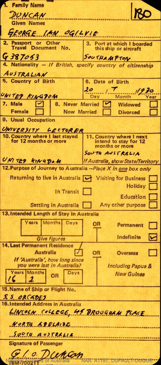 Dr Duncan’s passenger arrival card. National Archives of Australia: A1197, item ID 12422144 