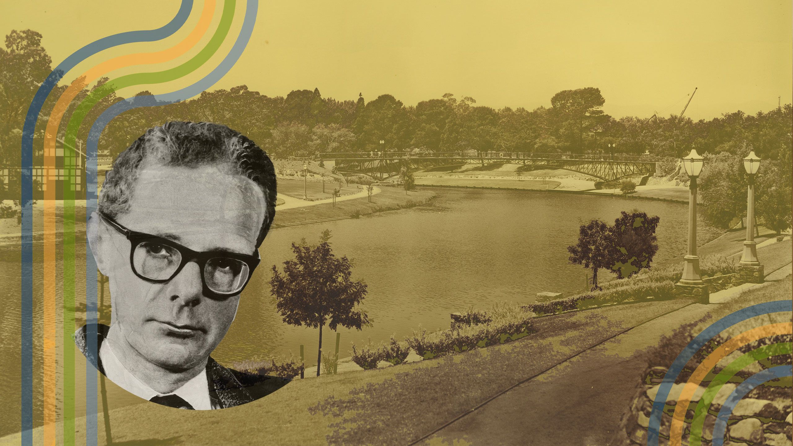 Dr Duncan. Photographer unknown. Renderer Ian Purcell AM. Background image site of drowning, Torrens River c1937. SLSA: B 60693.