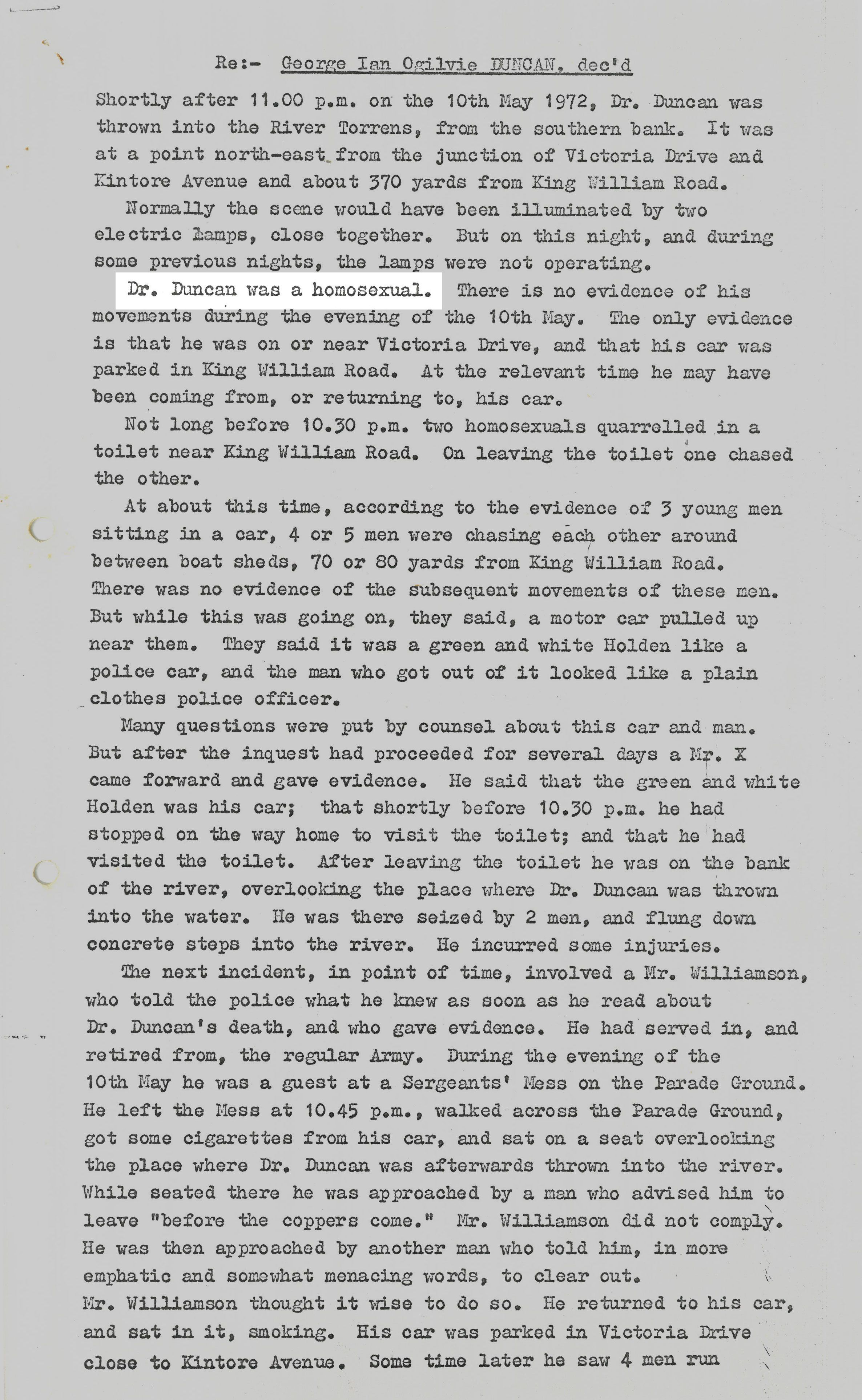Inquest report, Dr Duncan’s homosexuality. SLSA: D 8754(L)/22