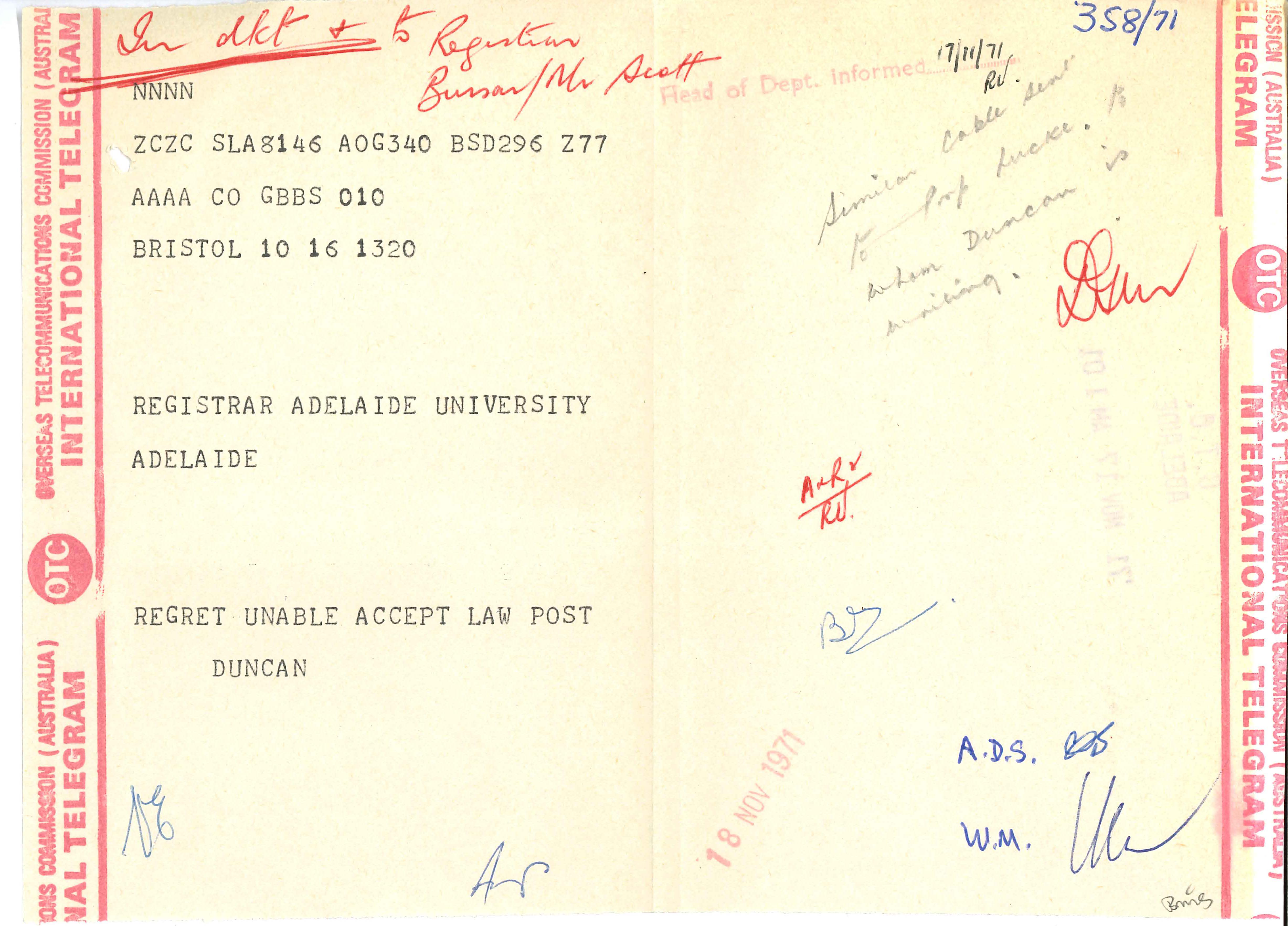 Dr Duncan’s telegram initially rejecting his job offer. University of Adelaide&nbsp;Archives: 1971/358