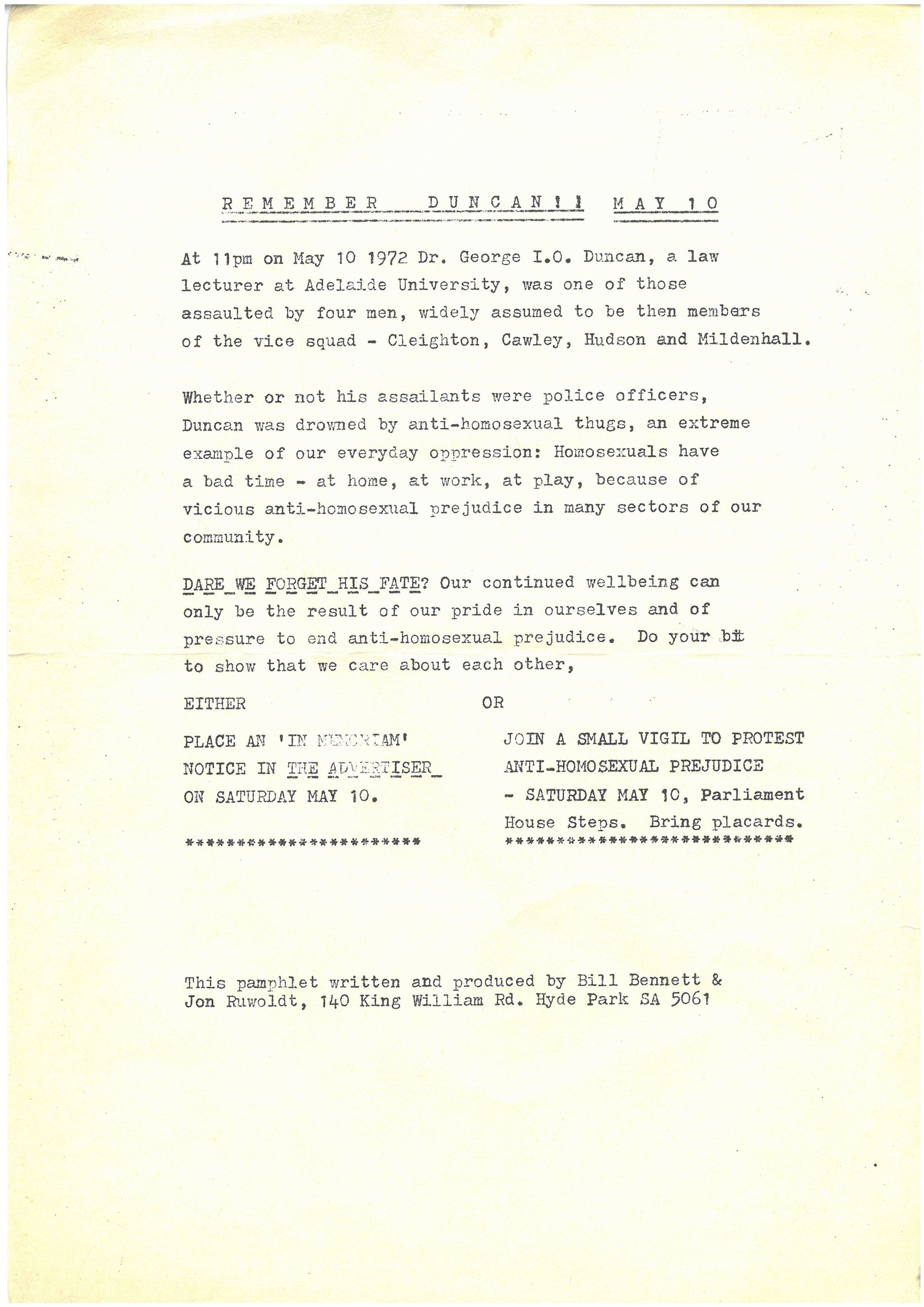 ‘Remember Duncan!!’ flyer. SLSA: D 8745(L)/10