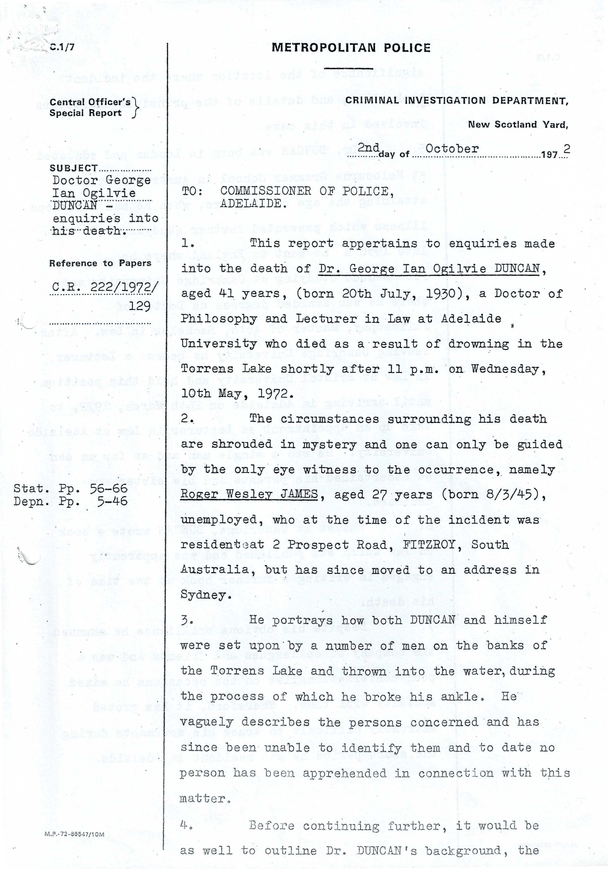 New Scotland Yard report. SLSA: D 8754(L)/1