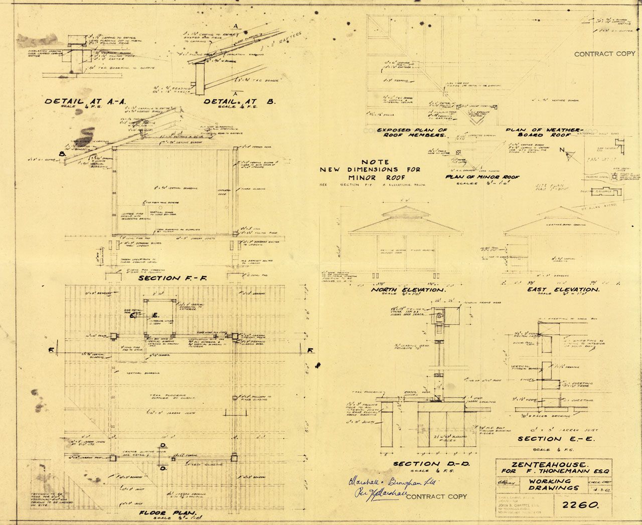 Contract copy of architectural working drawing for the 'Zenteahouse' [Zen tea house] at Beaumont or Burnside, on McAllen Avenue near Waterfall Gully Road. Designed by John S. Chappel Pty Ltd, architect, for F. F. Thonemann. Showing floor plan, section and elevation drawings, along with those for the weatherboard rood and the minor roof on top. Signed by Marshall & Brougham Ltd, 14 March 1962.  SLSA BRG 346/2/2260/2
