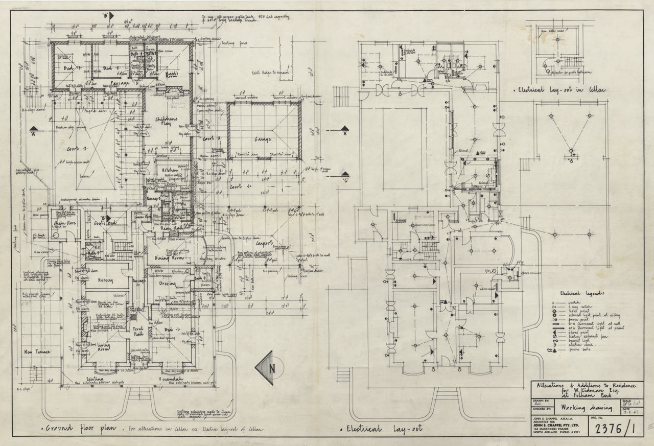 Architectural working drawings for alterations and additions to house on Fulham Park Drive, Lockleys. Designed by John S. Chappel Pty Ltd, architect, for W. Kidman. Showing ground floor plan and electrical plan for the cellar. SLSA: BRG 346/2/2376/1