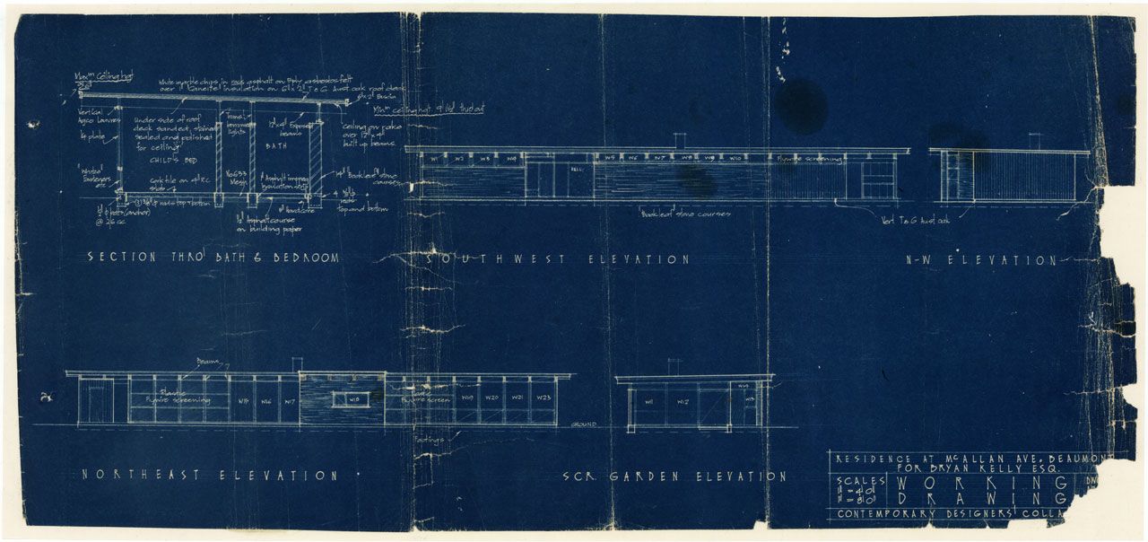 An architectural blueprint plan for a house at McAllan Avenue, Beaumont, designed by John S. Chappel Pty Ltd. Showing section drawing through bath and bedroom and four elevation drawings, including the garden screen. A Contemporary Designers Collaborative drawing, circa 1960. SLSA: BRG 346/2/2279/1
