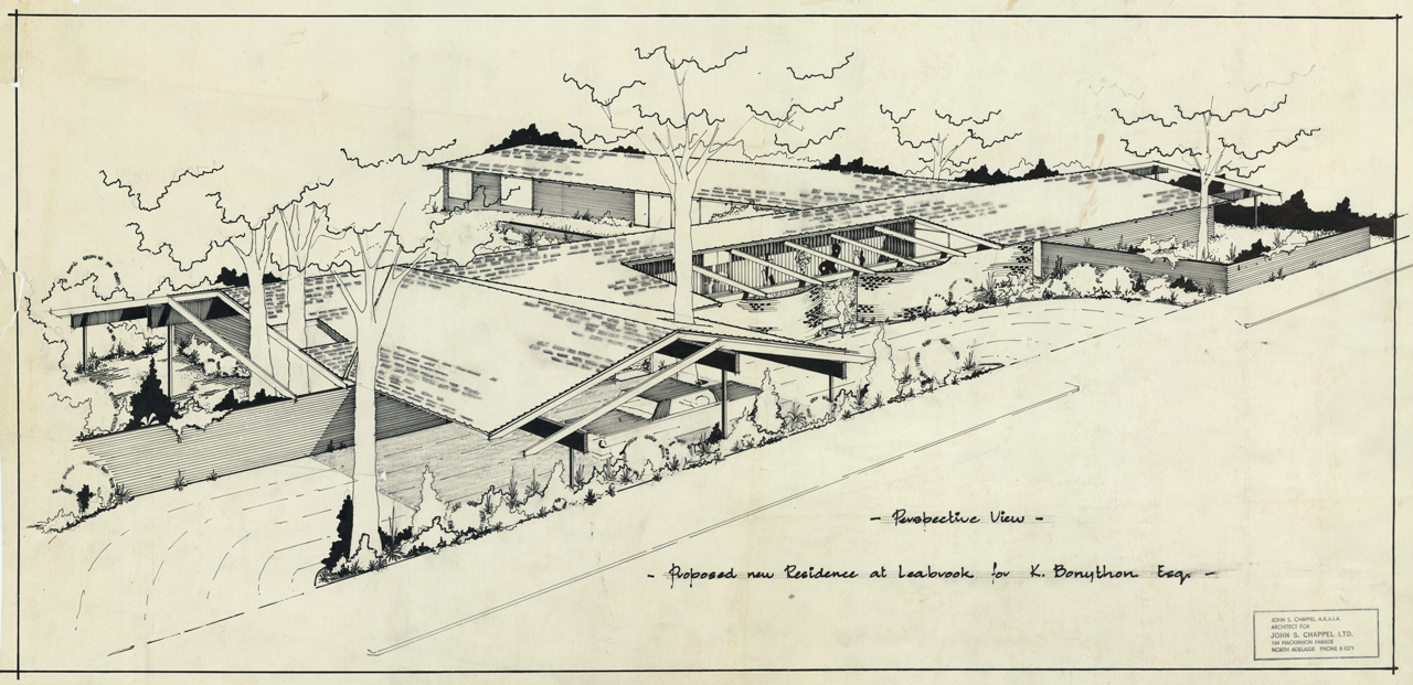 A perspective view of the house and architectural plan of house at 3 Philip Avenue, Leabrook. Designed by John S. Chappel Pty Ltd, architect, for Kym Bonython. SLSA: BRG 346/2/2357/29