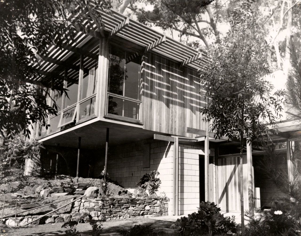 Photograph of house at 23 McAllan Ave, Beaumont, near Waterfall Gully Road. House designed by John S. Chappel Pty Ltd, architect. Showing top and lower level, 31 March 1963. SLSA: BRG 346/29/48/1
