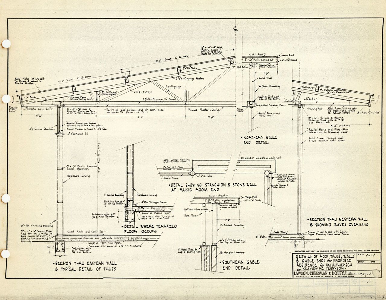 This architectural plan shows details of roof truss, walls and gable ends for the house on Seaview Road, Tennyson. SLSA: BRG 279/3/3/1317/2