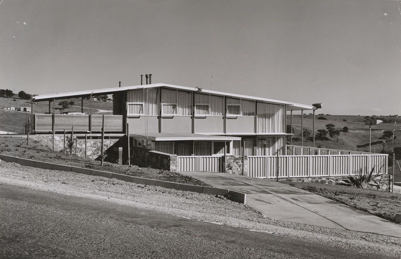 External photograph of house and driveway at 114 Shepherds Hill Rd, Eden Hills, designed by architects Dickson and Platten, circa 1960. SLSA: BRG 346/28/DicksonandPlatten/33/1