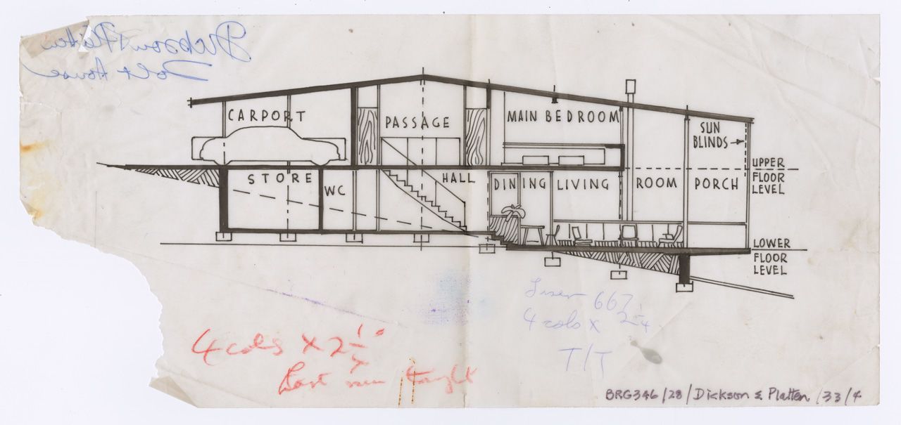Cross-section plan of house at 114 Shepherds Hill Rd, Eden Hills, designed by architects Dickson and Platten, circa 1960. SLSA: BRG 346/28/DicksonandPlatten/33/4